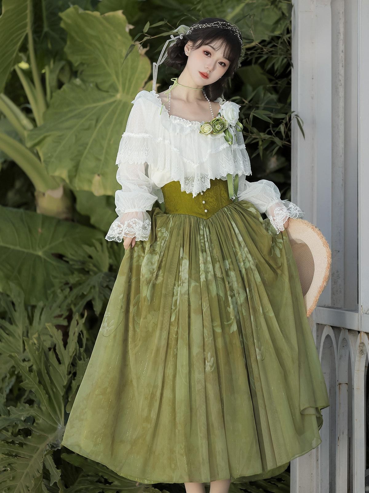 Sweet Promise Elegant Sweet New Chinese Lolita A Line V-neck Princess Court Women's Skirt Sets