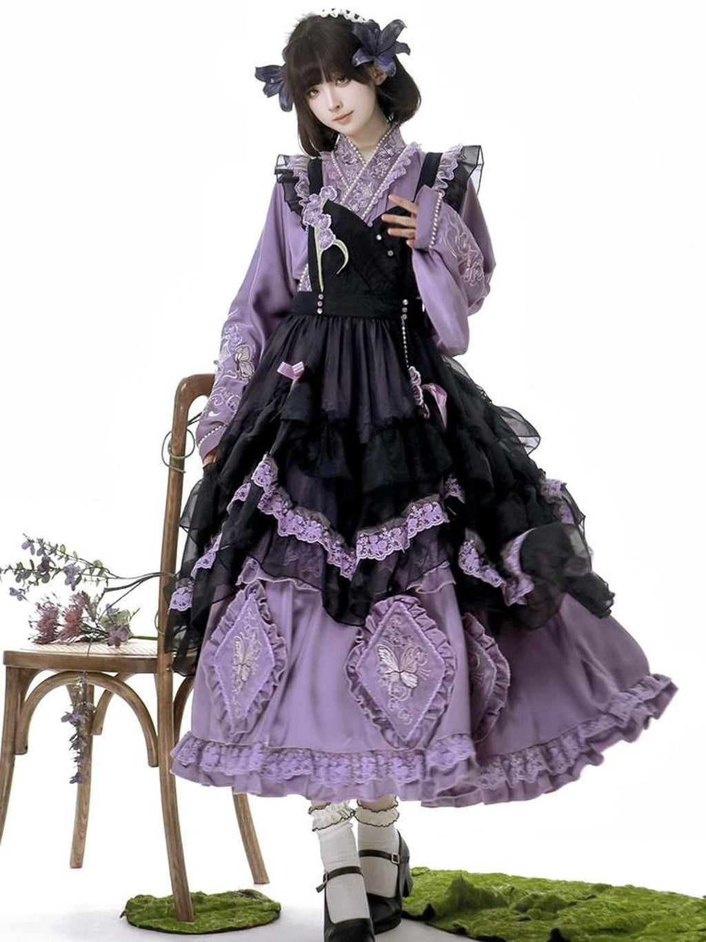 Sweet Promise Embellished Lolita Maid Apron Bow Chinese Pastoral Women's Long Sleeve Op