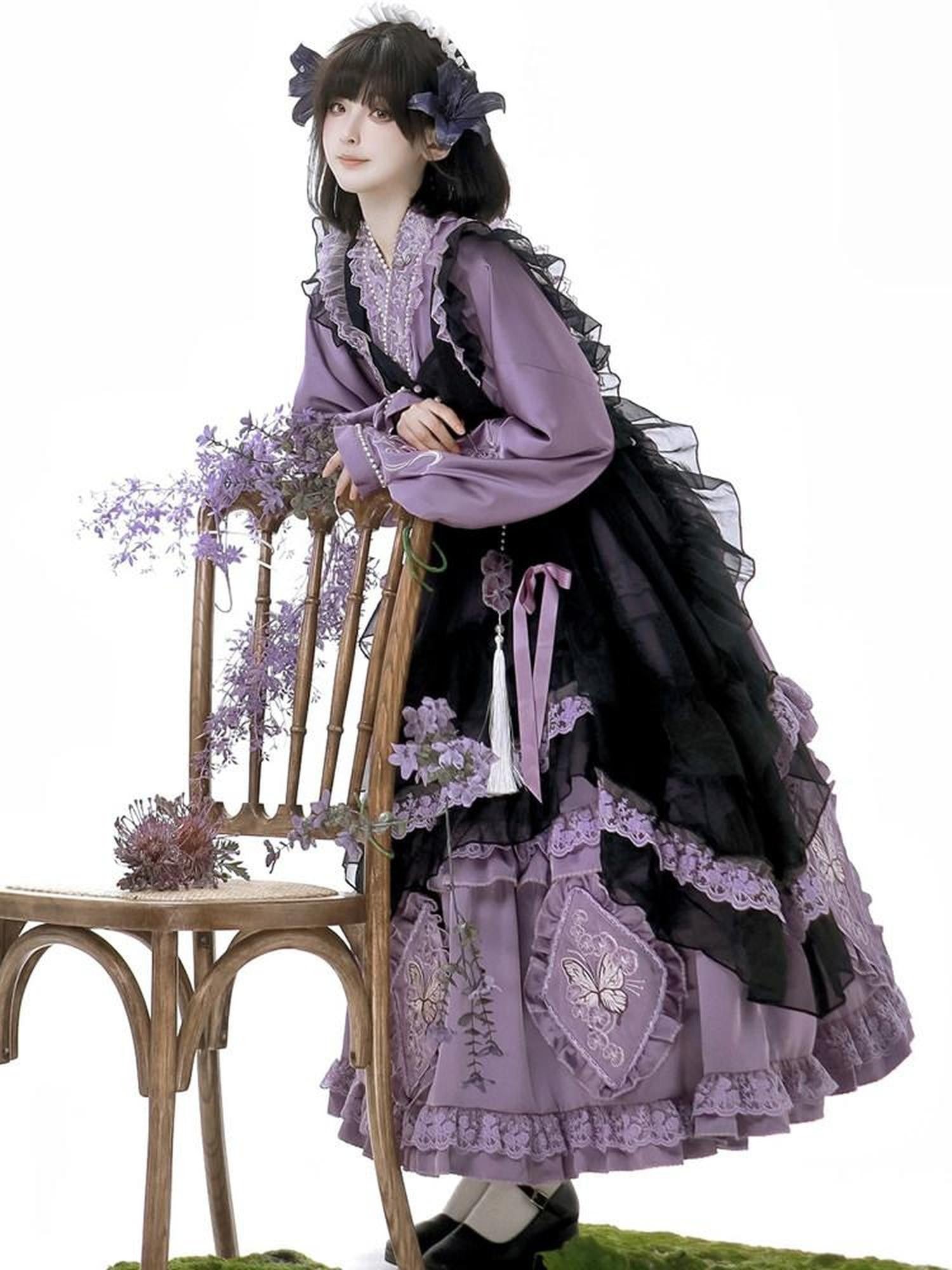 Sweet Promise Embellished Lolita Maid Apron Bow Chinese Pastoral Women's Long Sleeve Op