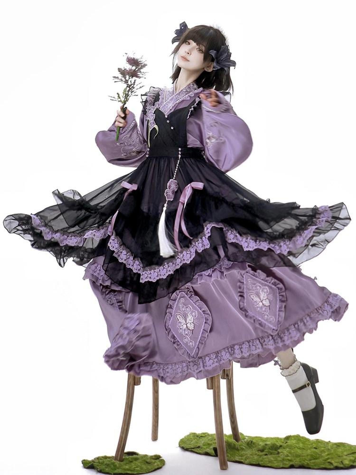 Sweet Promise Embellished Lolita Maid Apron Bow Chinese Pastoral Women's Long Sleeve Op