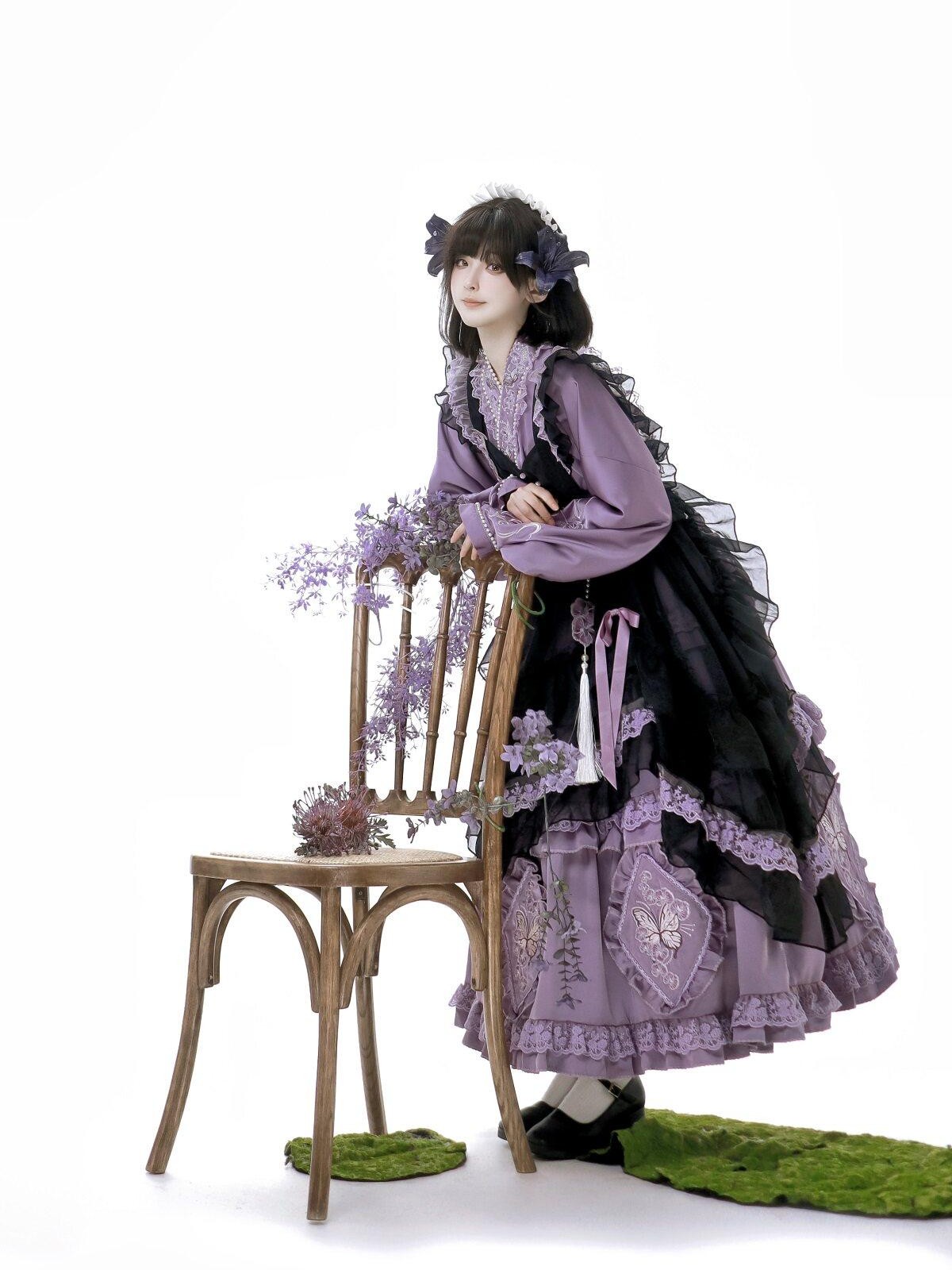 Sweet Promise Embellished Lolita Maid Apron Bow Chinese Pastoral Women's Long Sleeve Op