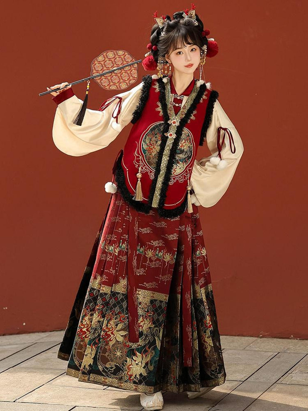 Sweet Promise Embroidered Bijia Pompom Top Woven Gold Horse Pattern Women's Polyester Op Sets