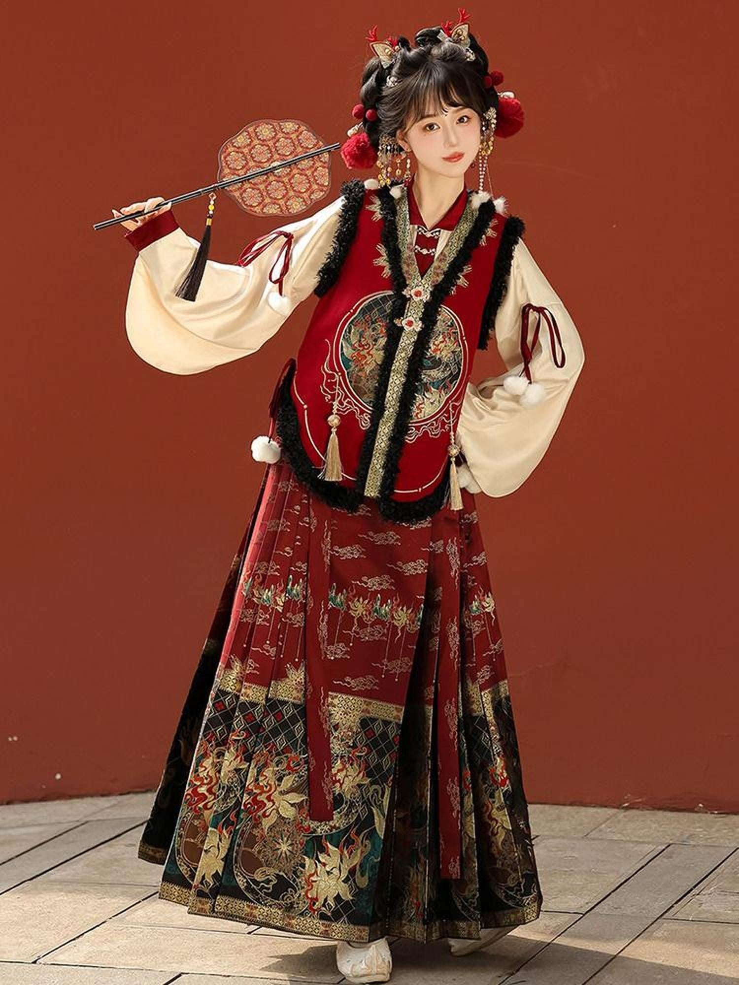 Sweet Promise Embroidered Bijia Pompom Top Woven Gold Horse Pattern Women's Polyester Op Sets