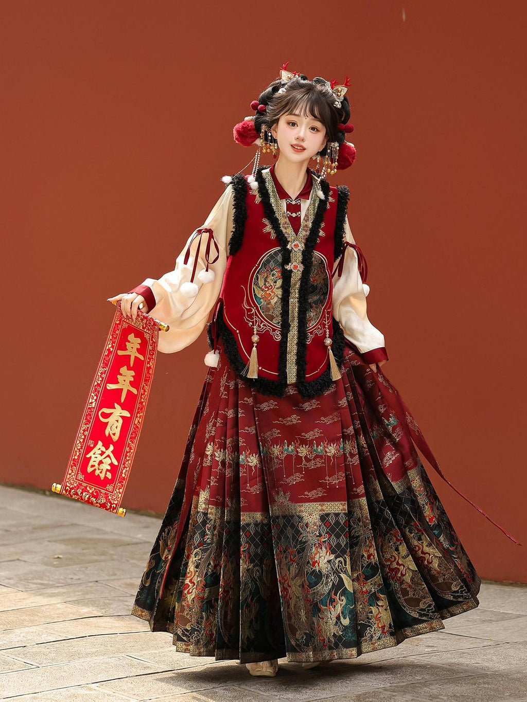 Sweet Promise Embroidered Bijia Pompom Top Woven Gold Horse Pattern Women's Polyester Op Sets