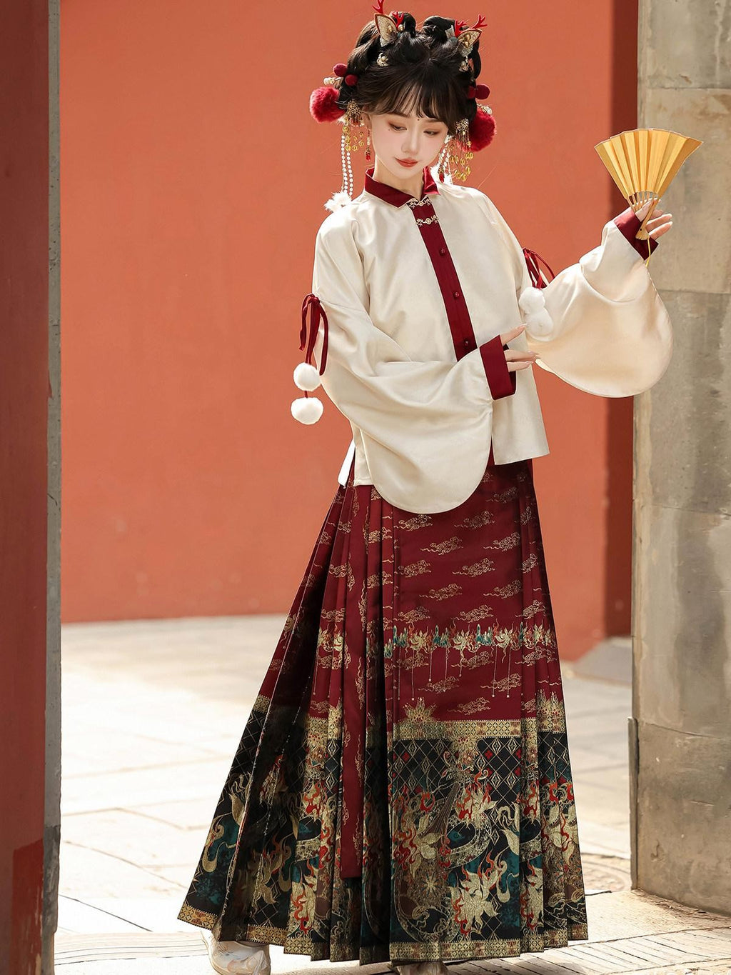 Sweet Promise Embroidered Bijia Pompom Top Woven Gold Horse Pattern Women's Polyester Op Sets