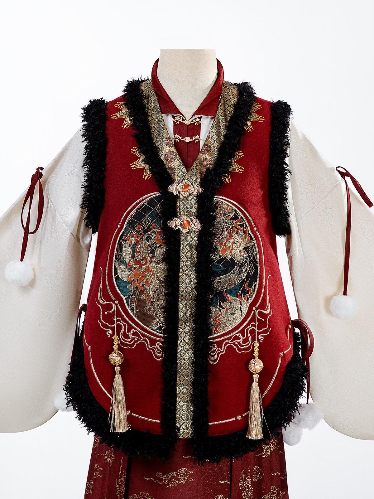 Sweet Promise Embroidered Bijia Pompom Top Woven Gold Horse Pattern Women's Polyester Op Sets