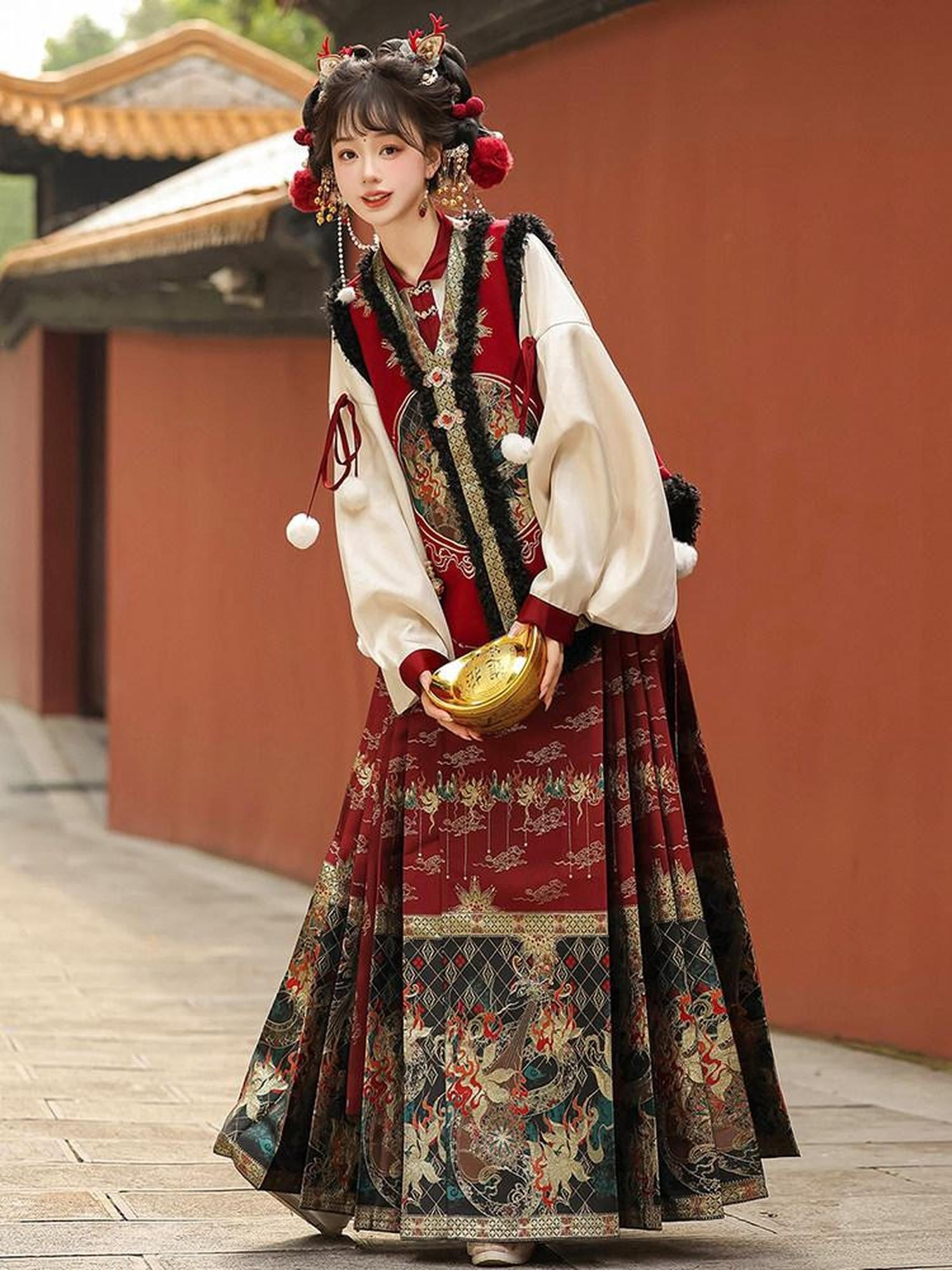 Sweet Promise Embroidered Bijia Pompom Top Woven Gold Horse Pattern Women's Polyester Op Sets