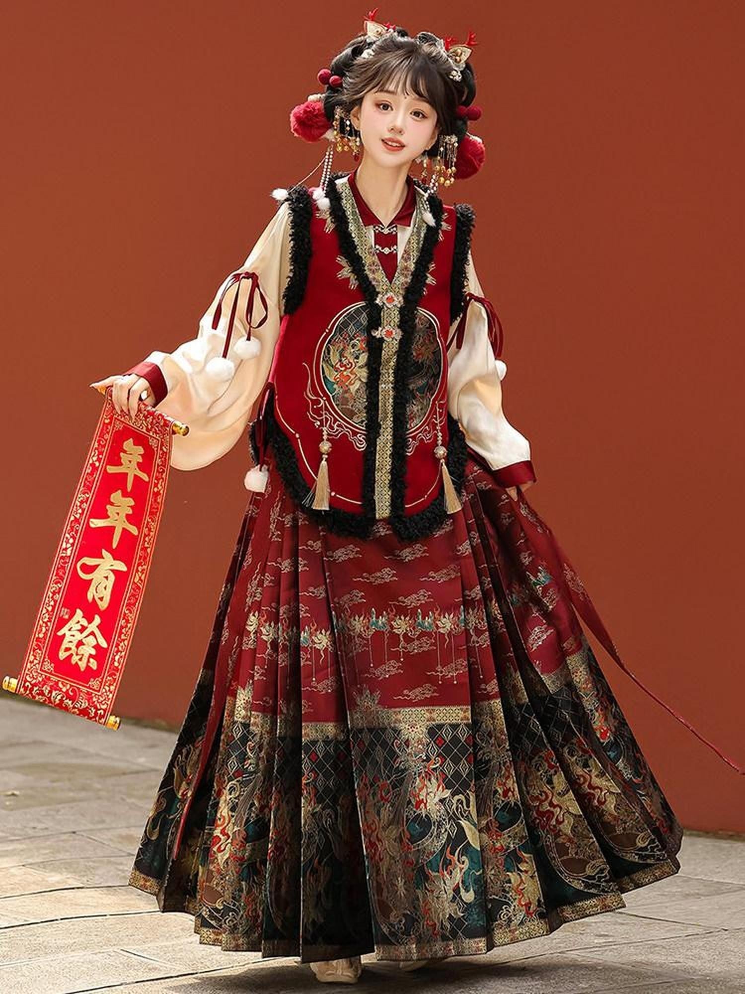 Sweet Promise Embroidered Bijia Pompom Top Woven Gold Horse Pattern Women's Polyester Op Sets