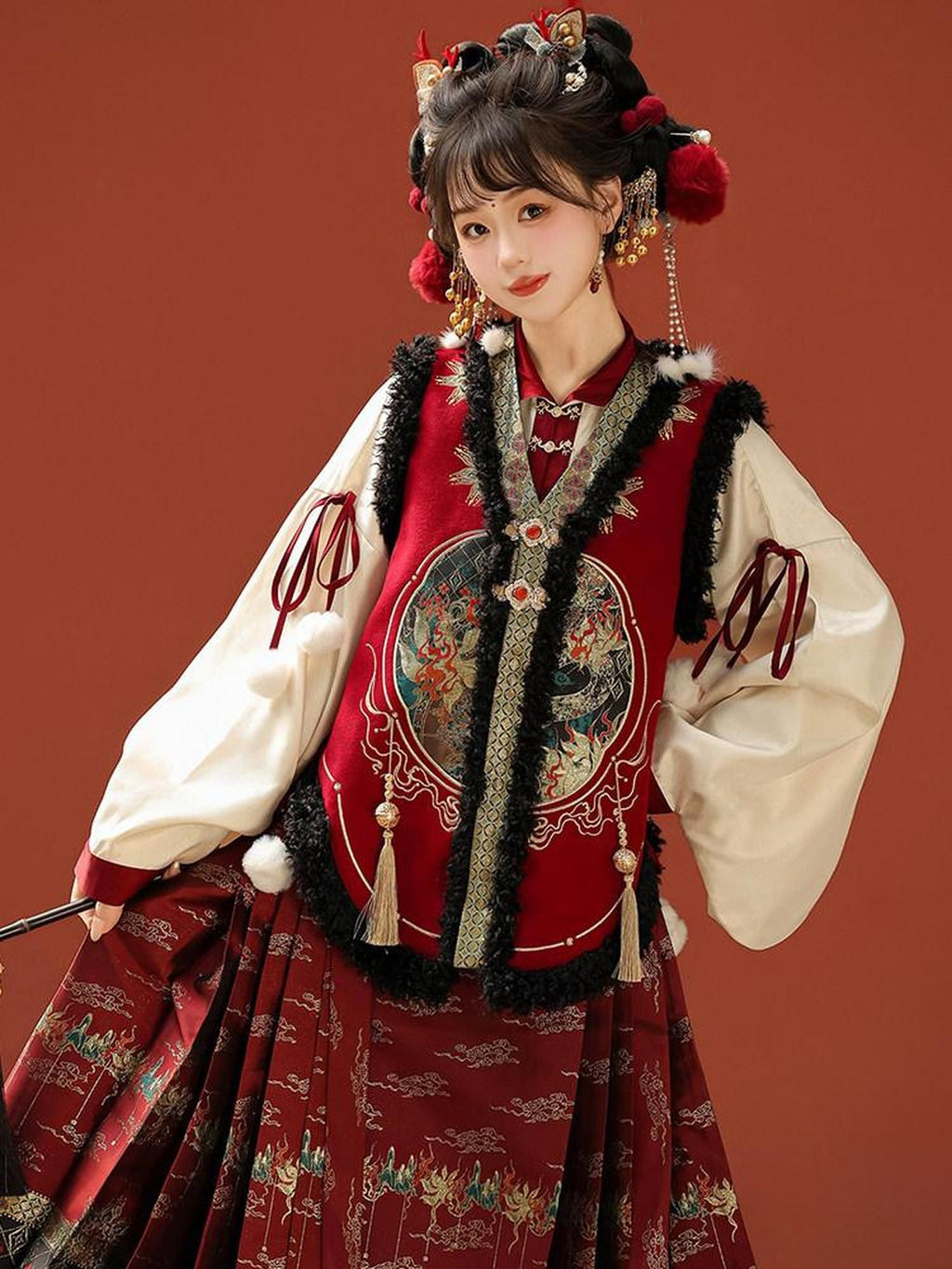 Sweet Promise Embroidered Bijia Pompom Top Woven Gold Horse Pattern Women's Polyester Op Sets