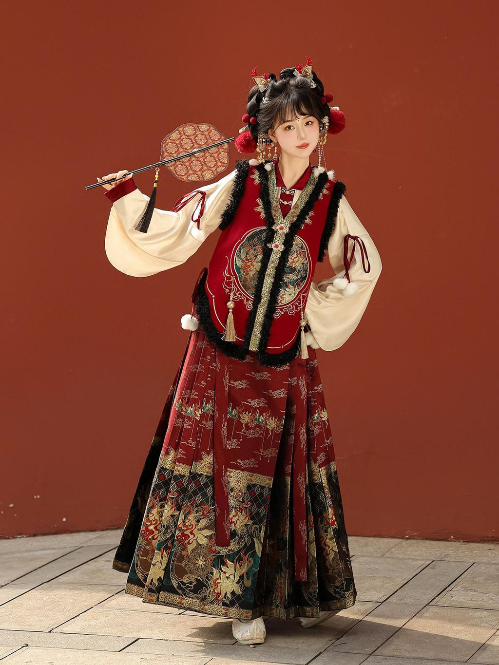 Sweet Promise Embroidered Bijia Pompom Top Woven Gold Horse Pattern Women's Polyester Op Sets