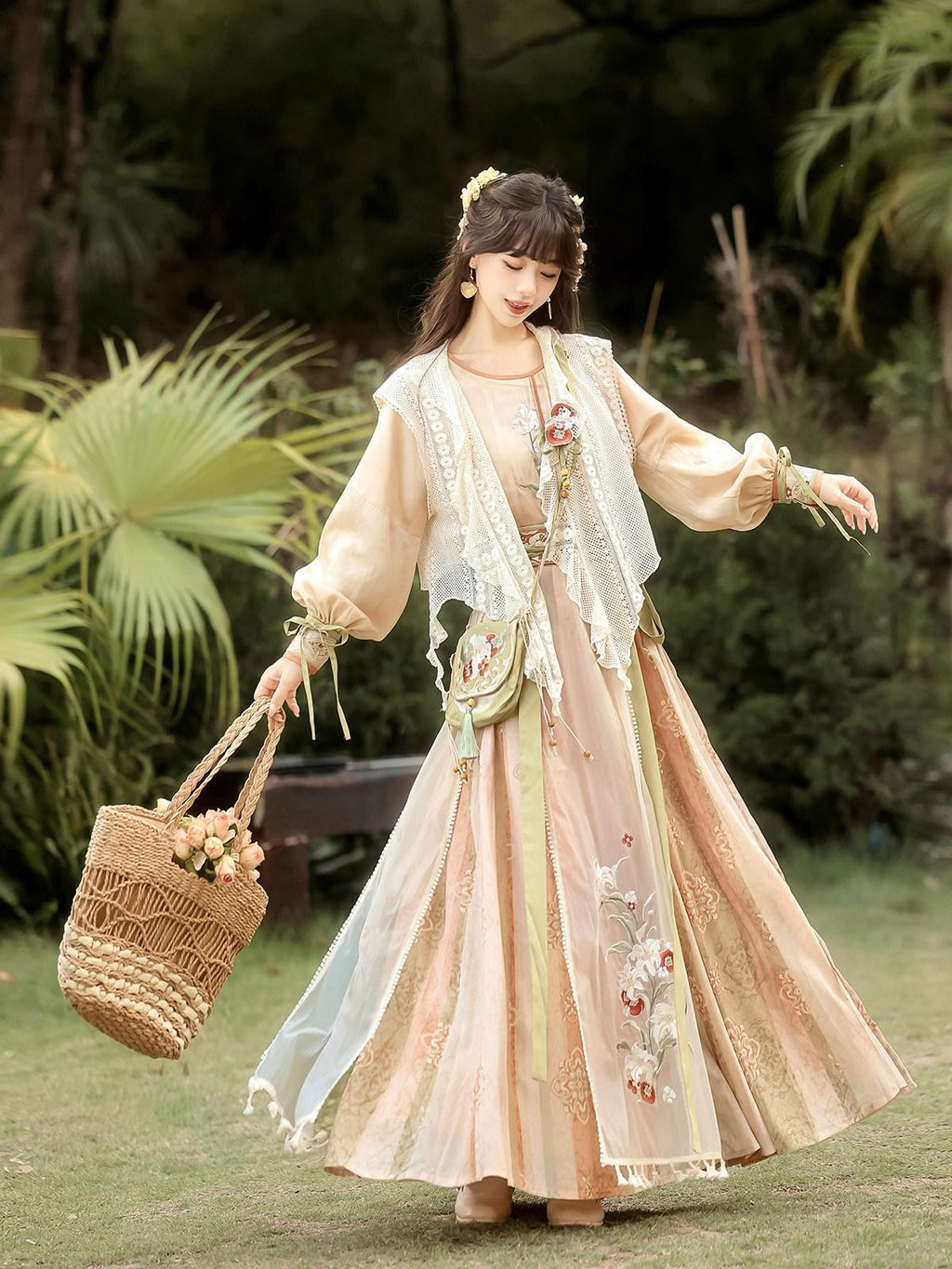 Sweet Promise Ethereal Hanfu Chinese Style Vest Top Broken Hem Skirt Bag Women's Skirt Sets