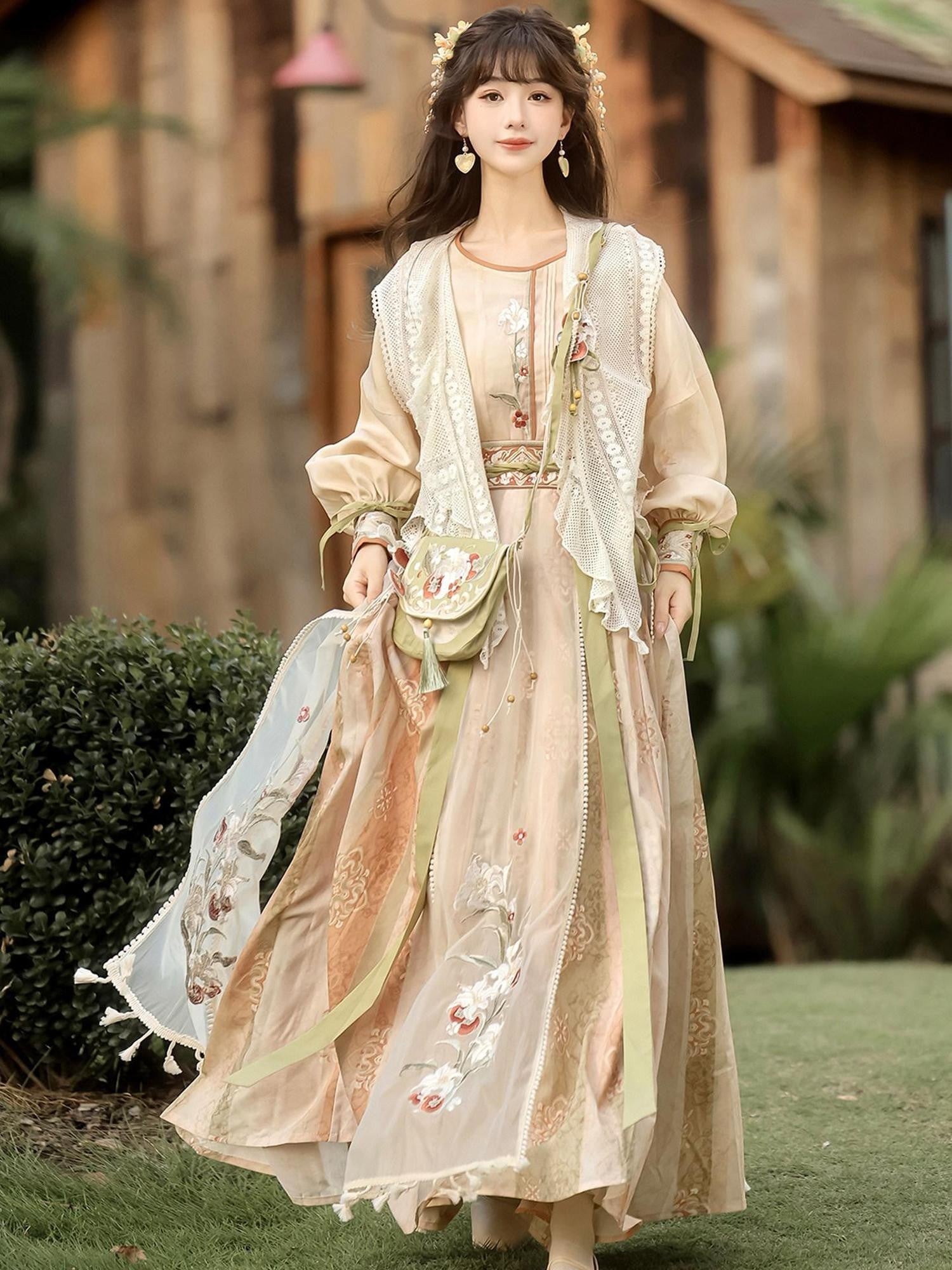 Sweet Promise Ethereal Hanfu Chinese Style Vest Top Broken Hem Skirt Bag Women's Skirt Sets