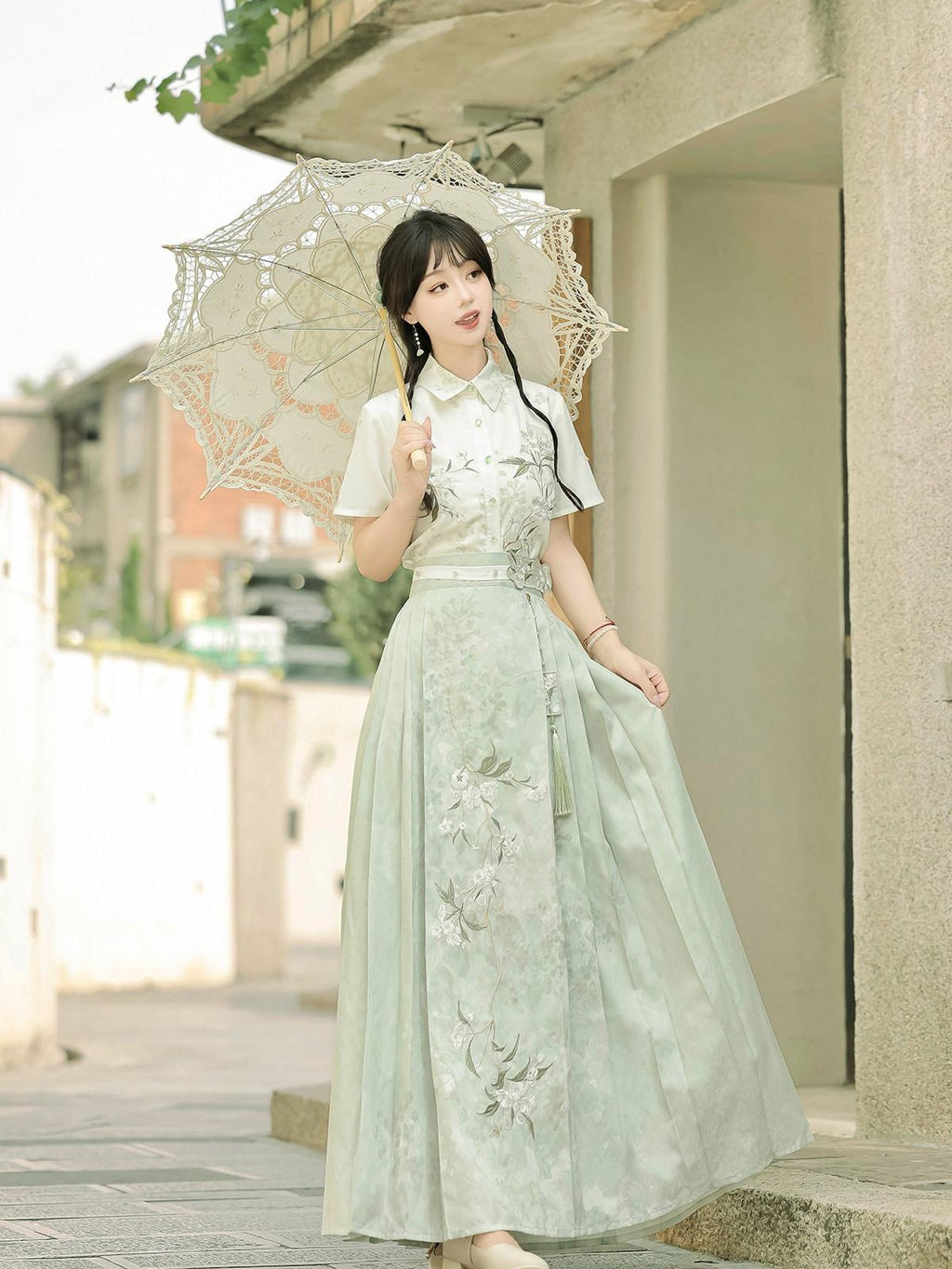 Sweet Promise Forest Hanfu Inspired New Chinese Women's Short Sleeve Mamian Skirt Sets