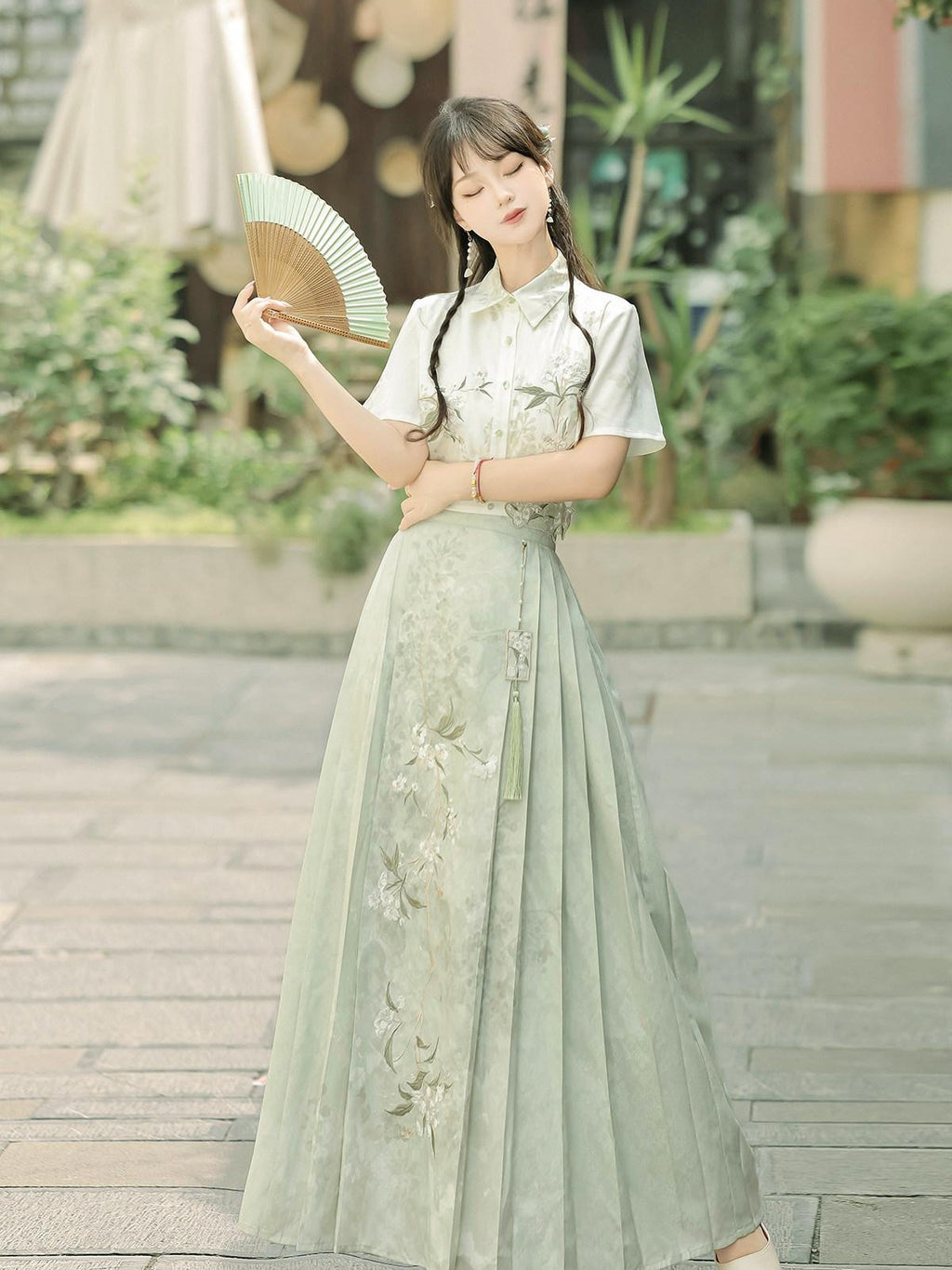 Sweet Promise Forest Hanfu Inspired New Chinese Women's Short Sleeve Mamian Skirt Sets