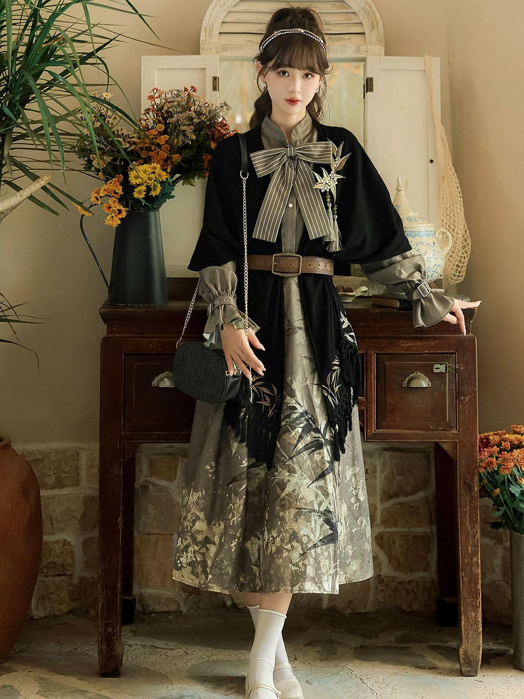 Sweet Promise Gilded Bamboo Lolita A Line Stand Collar Three Piece Women's Skirt Sets