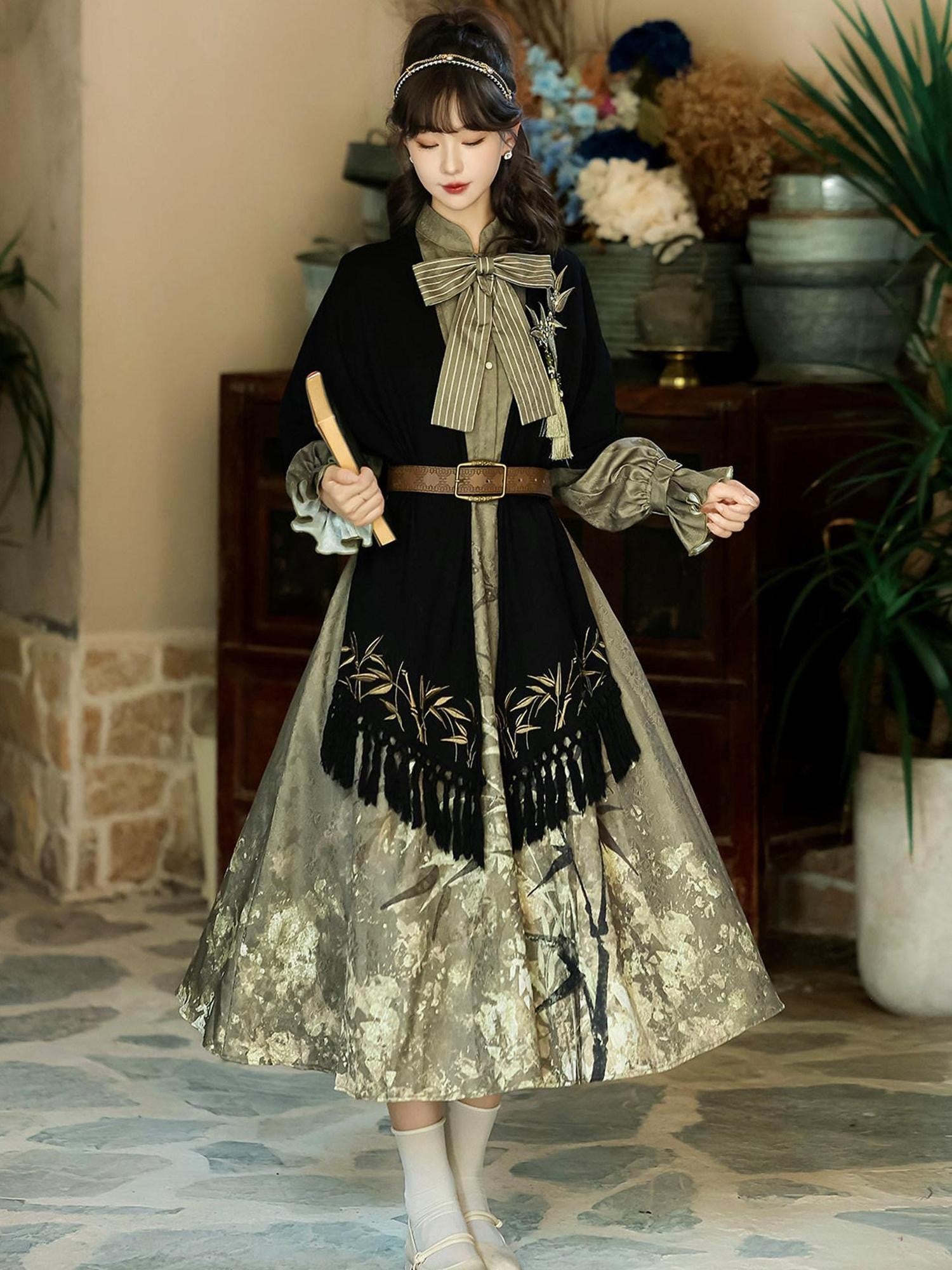 Sweet Promise Gilded Bamboo Lolita A Line Stand Collar Three Piece Women's Skirt Sets