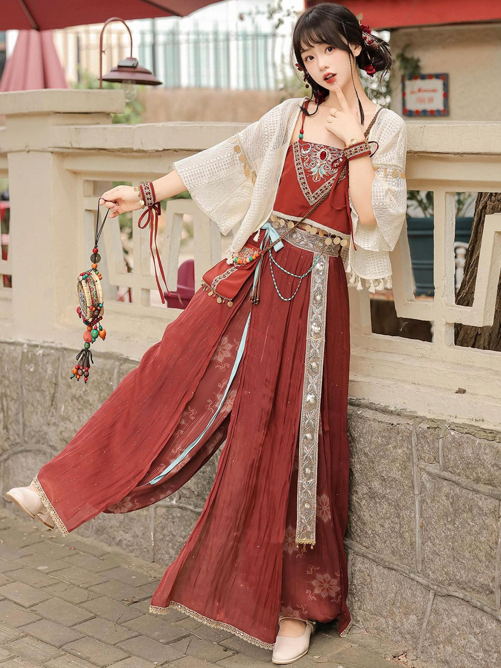 Sweet Promise Gilded Bird Print Sheer Exotic Modified Hanfu Women's Gauze Skirt Sets