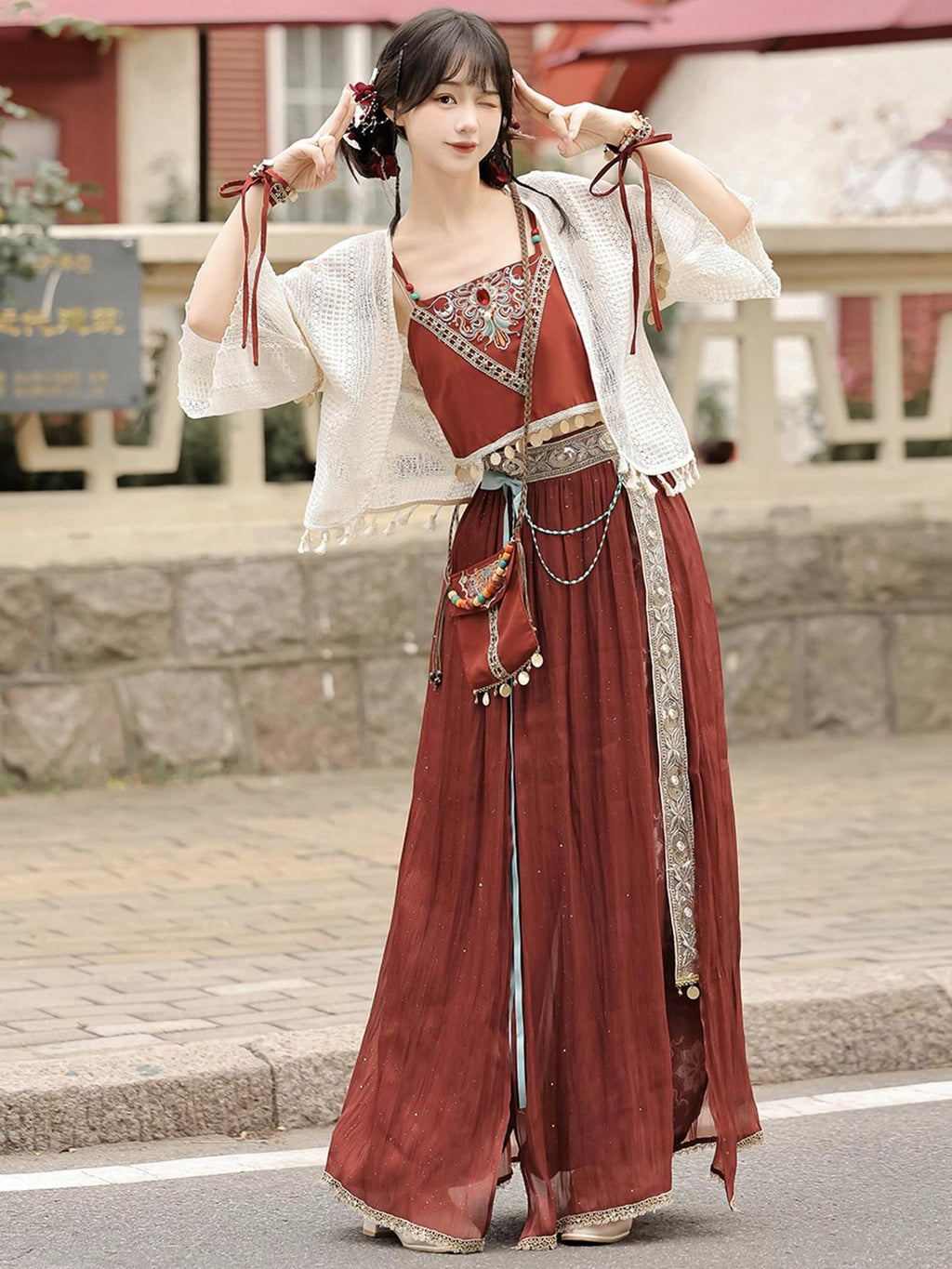 Sweet Promise Gilded Bird Print Sheer Exotic Modified Hanfu Women's Gauze Skirt Sets