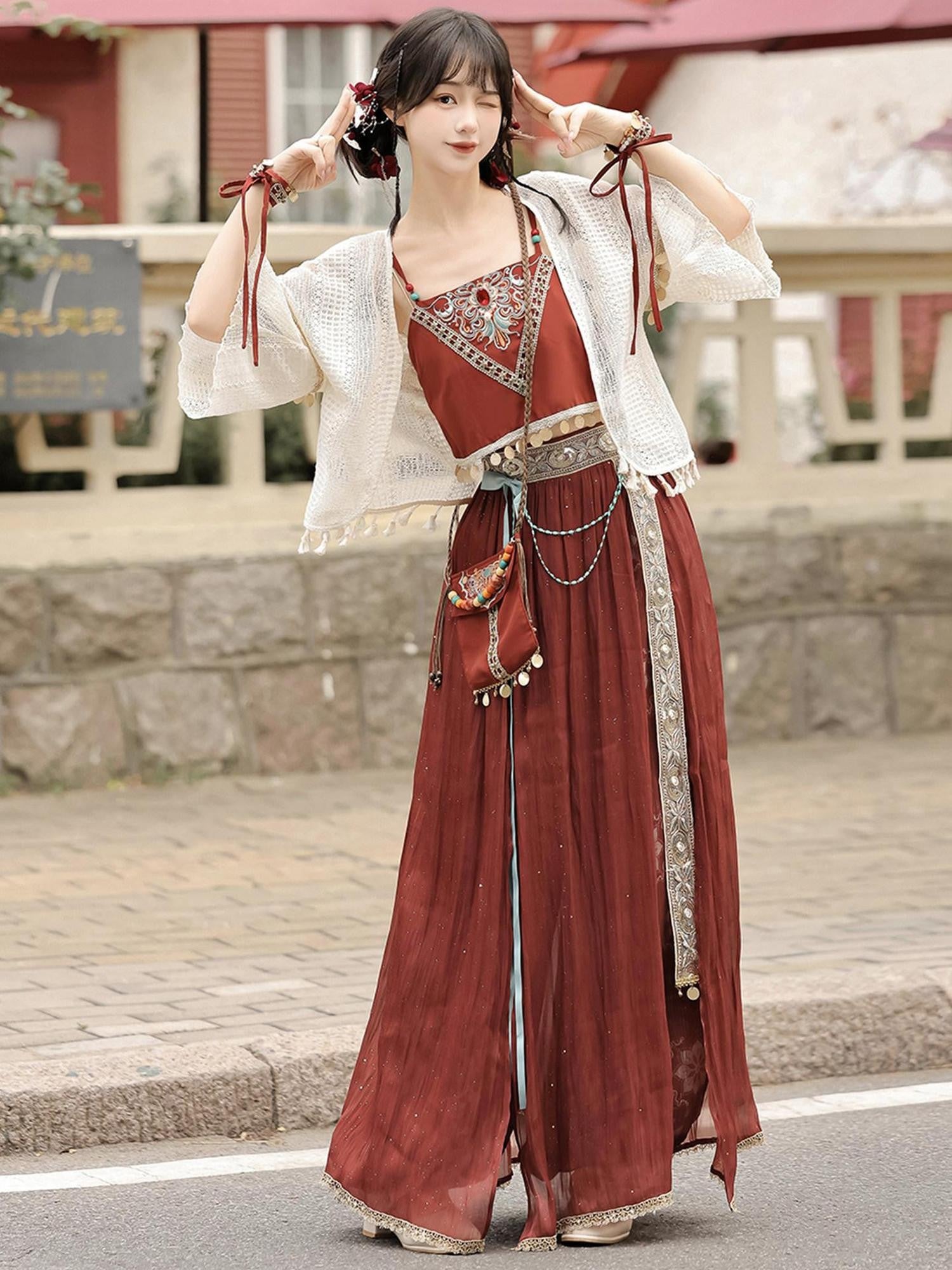 Sweet Promise Gilded Bird Print Sheer Exotic Modified Hanfu Women's Gauze Skirt Sets