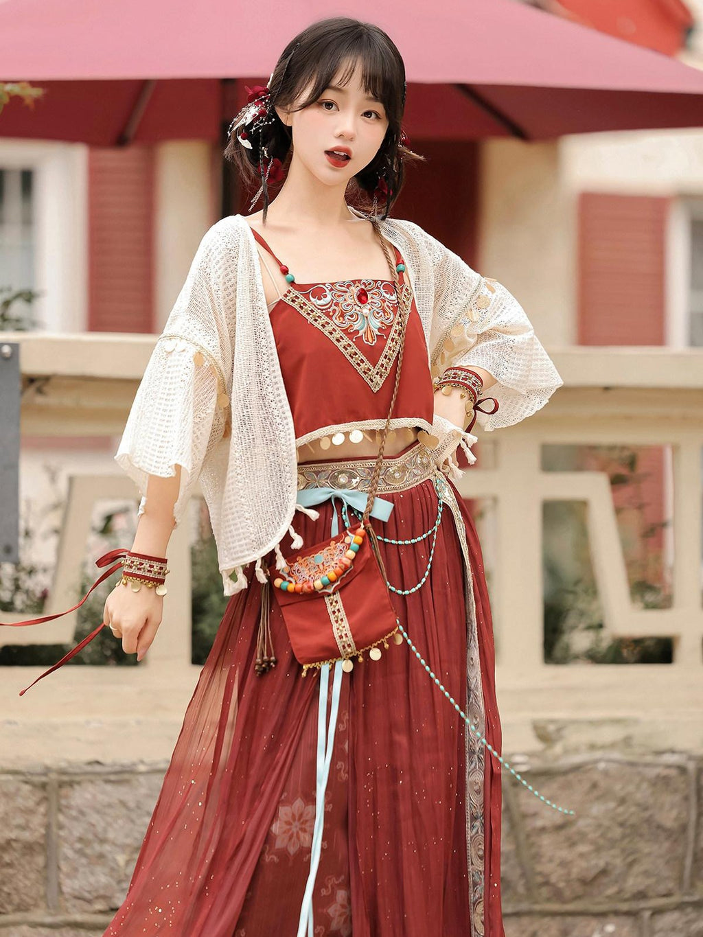 Sweet Promise Gilded Bird Print Sheer Exotic Modified Hanfu Women's Gauze Skirt Sets