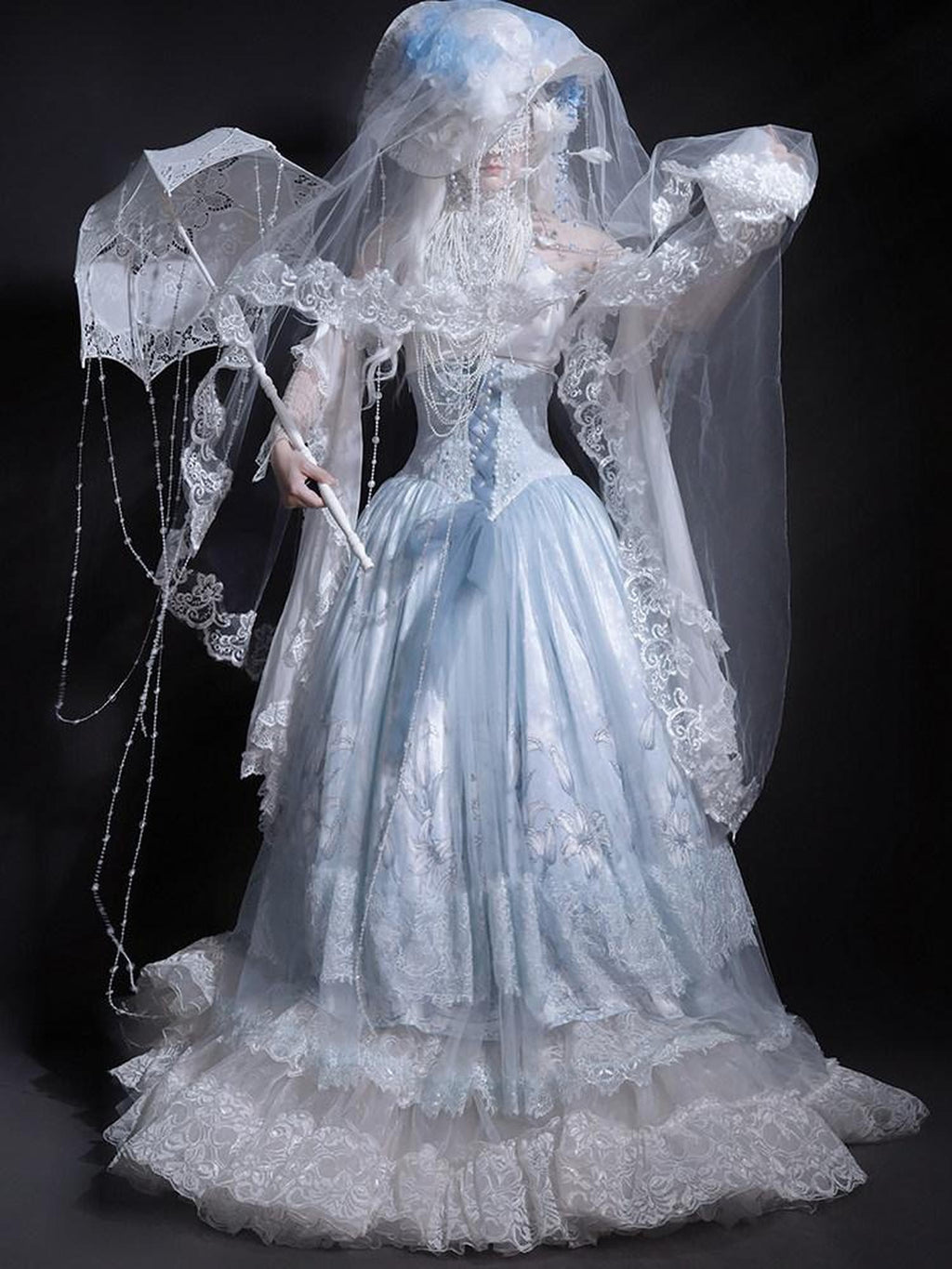 Sweet Promise Glacial Blue Heavy Embroidered Floral Bridal Lolita Women's Jsk / Jumper Skirts