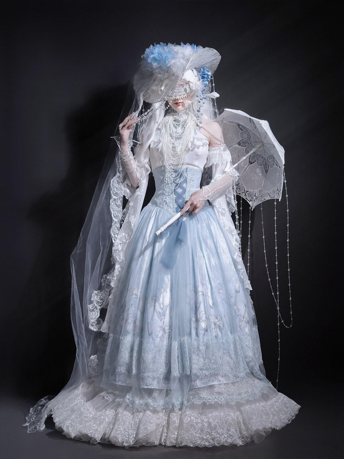 Sweet Promise Glacial Blue Heavy Embroidered Floral Bridal Lolita Women's Jsk / Jumper Skirts