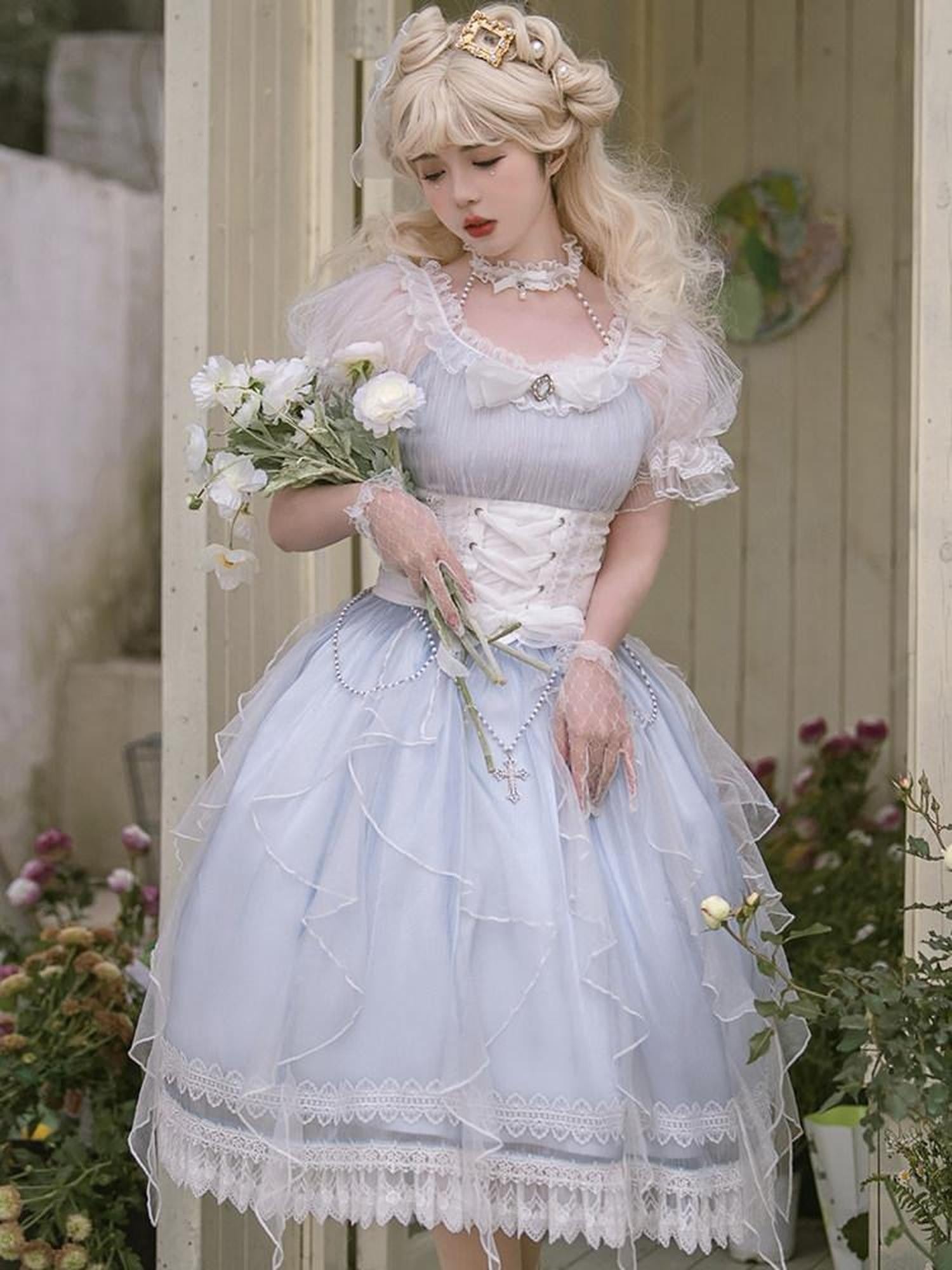 Sweet Promise Gorgeous Lolita Princess Bridal Round Neck Women's Short Sleeve Op