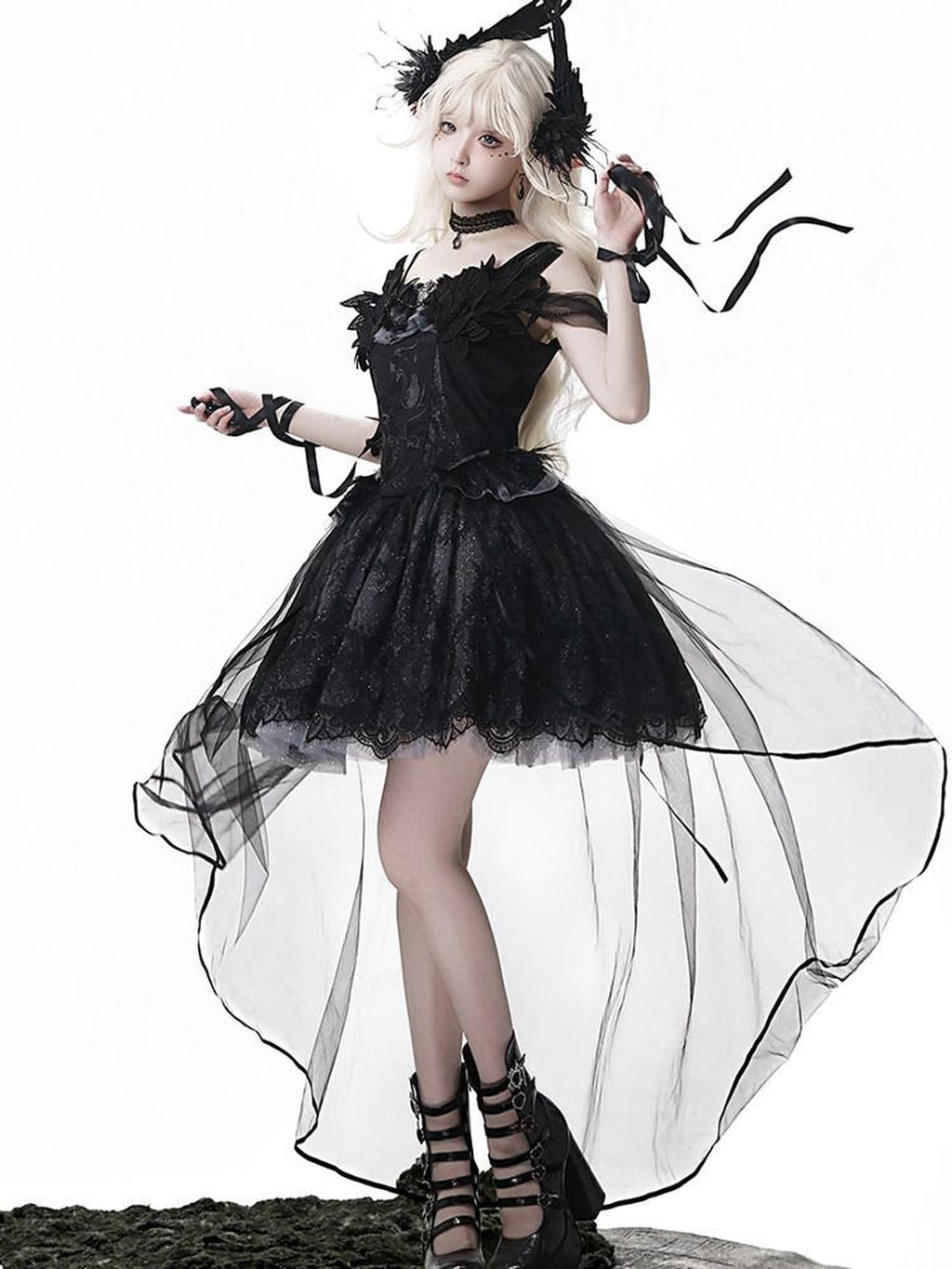 Sweet Promise Gothic Lolita Square Neck Black Four Piece Women's Jsk / Jumper Skirts