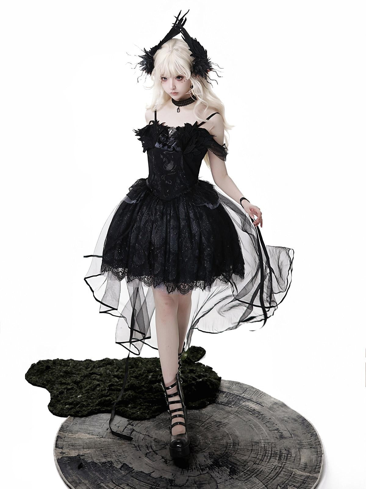 Sweet Promise Gothic Lolita Square Neck Black Four Piece Women's Jsk / Jumper Skirts