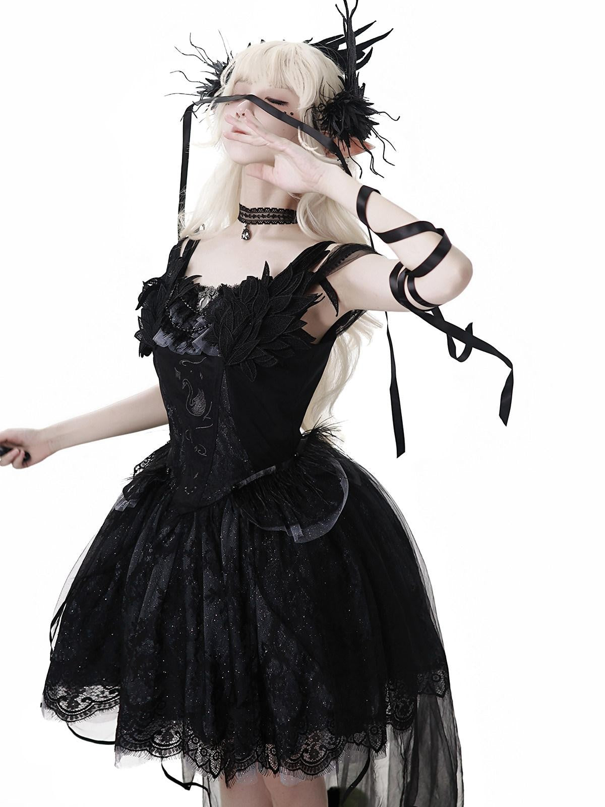 Sweet Promise Gothic Lolita Square Neck Black Four Piece Women's Jsk / Jumper Skirts