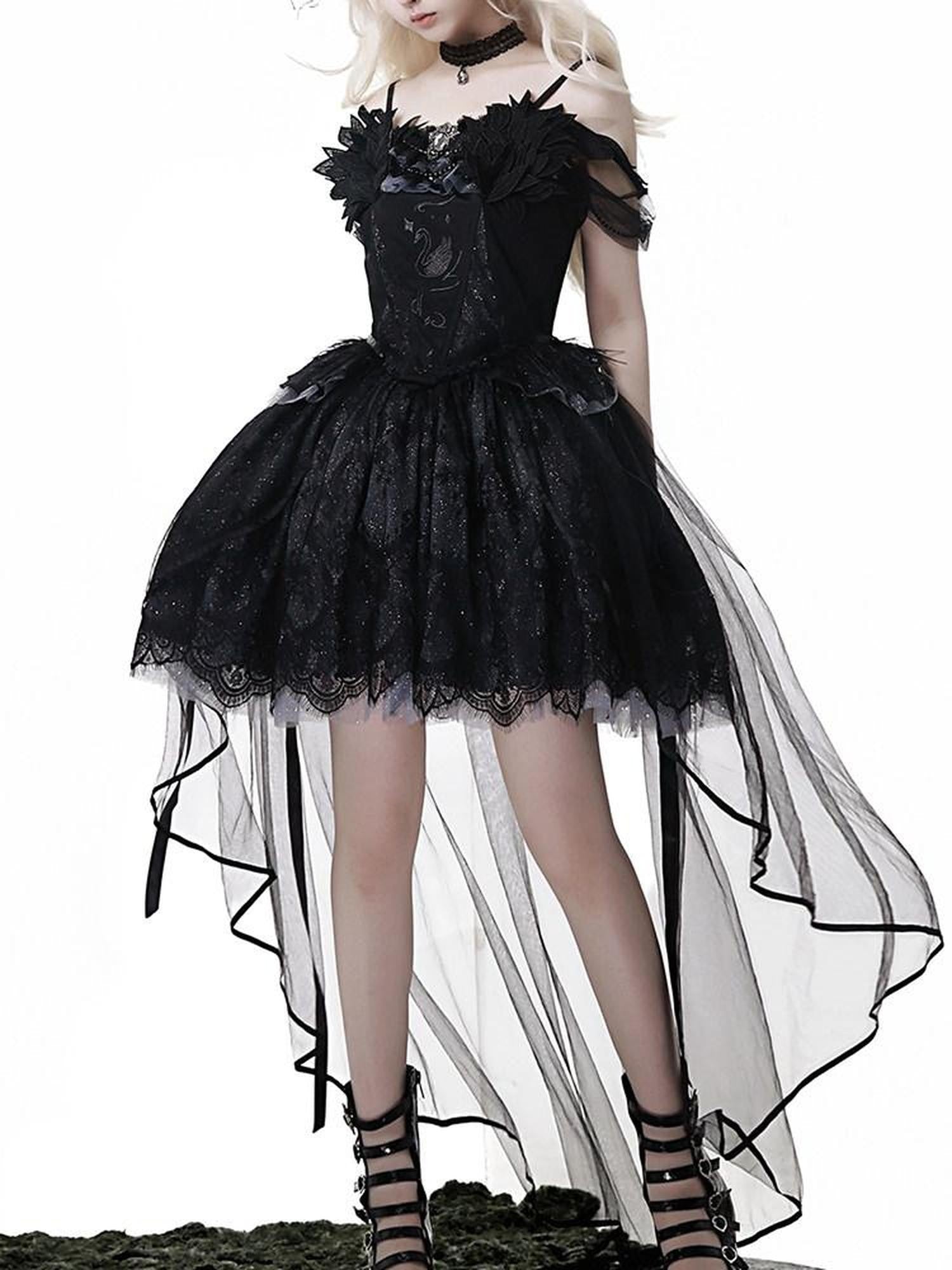 Sweet Promise Gothic Lolita Square Neck Black Four Piece Women's Jsk / Jumper Skirts