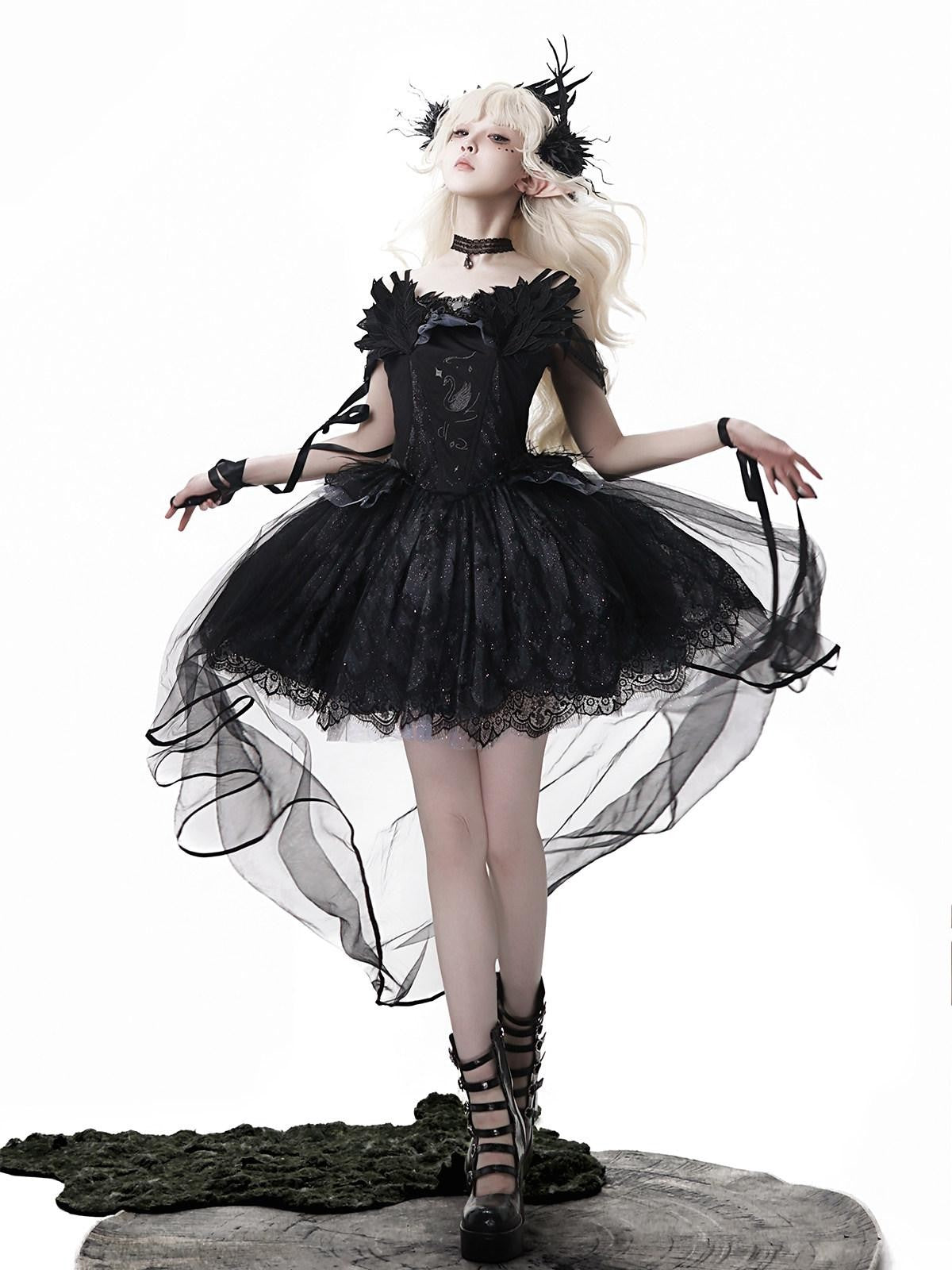 Sweet Promise Gothic Lolita Square Neck Black Four Piece Women's Jsk / Jumper Skirts