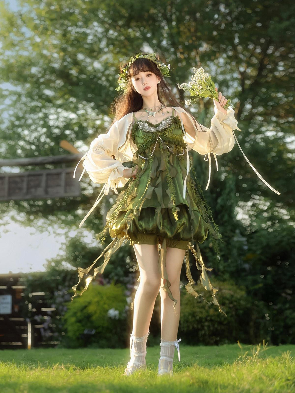 Sweet Promise Green Han Lolita Forest Square Neck Bubble Skirt Women's Jsk / Jumper Skirts