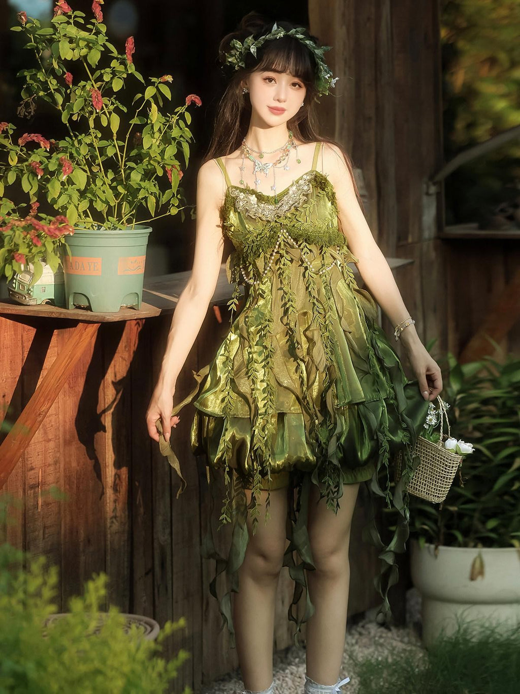 Sweet Promise Green Han Lolita Forest Square Neck Bubble Skirt Women's Jsk / Jumper Skirts