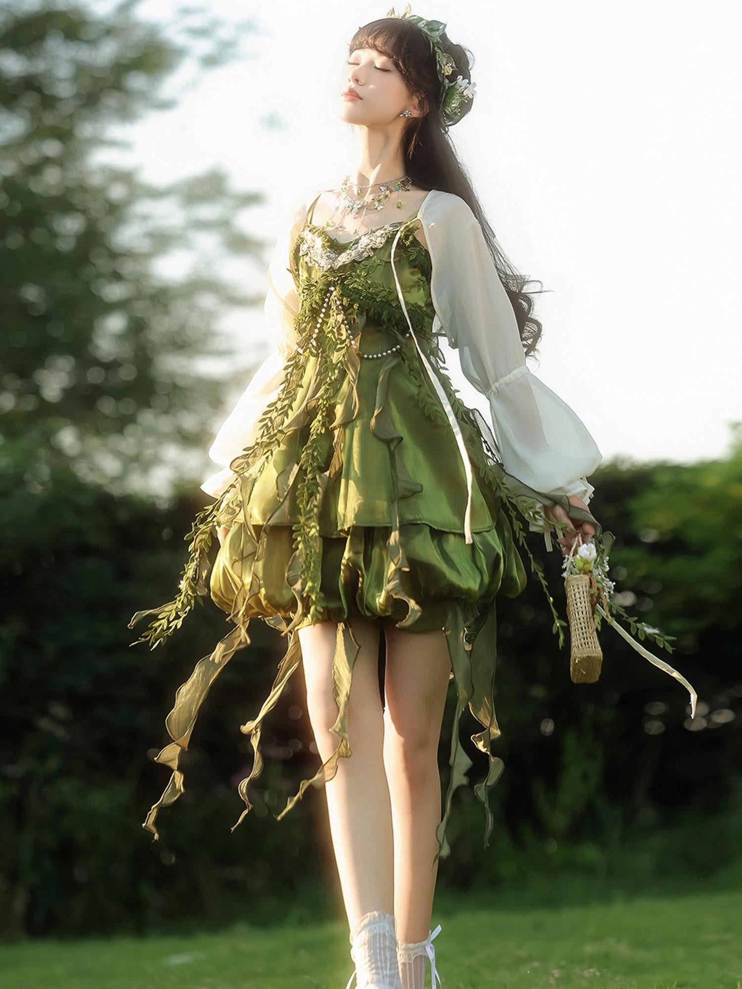 Sweet Promise Green Han Lolita Forest Square Neck Bubble Skirt Women's Jsk / Jumper Skirts