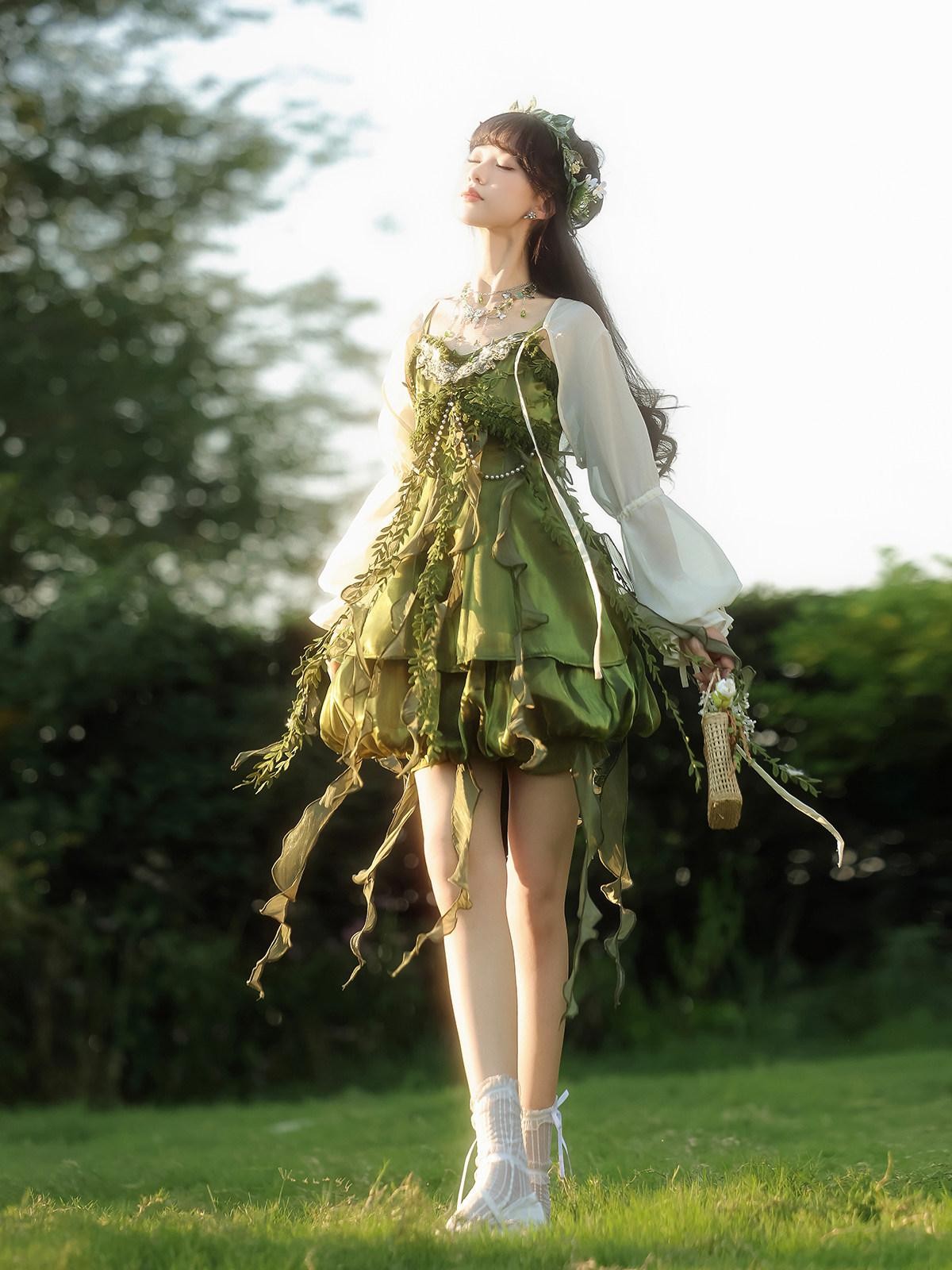 Sweet Promise Green Han Lolita Forest Square Neck Bubble Skirt Women's Jsk / Jumper Skirts