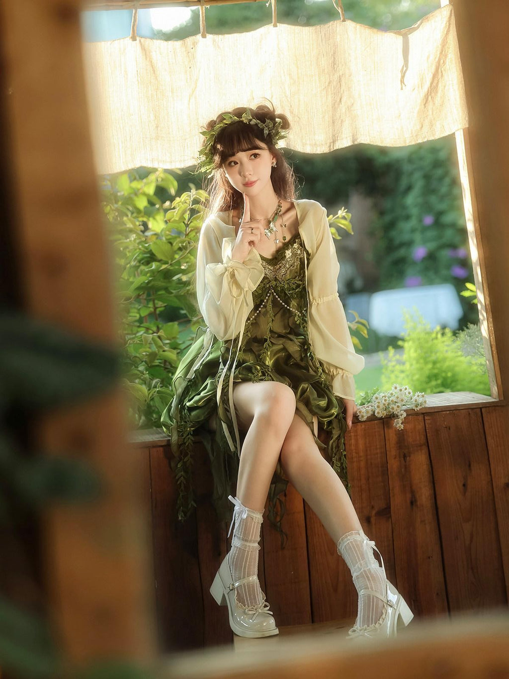 Sweet Promise Green Han Lolita Forest Square Neck Bubble Skirt Women's Jsk / Jumper Skirts
