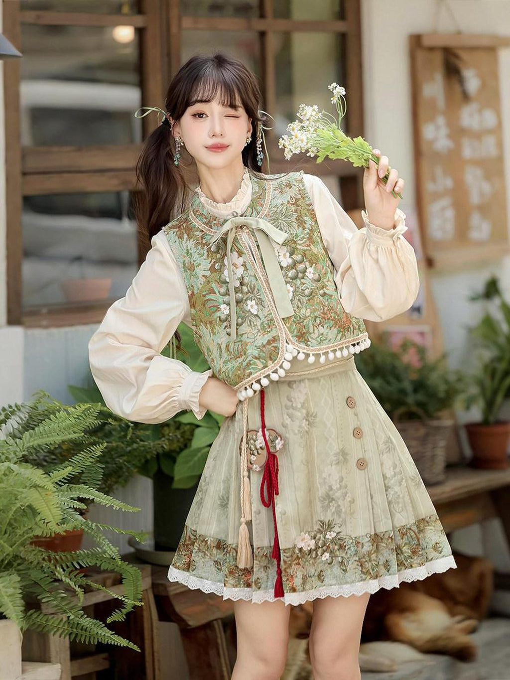 Sweet Promise Han Element Lolita Ethnic New Chinese Stand Collar A Line Women's Skirt Sets