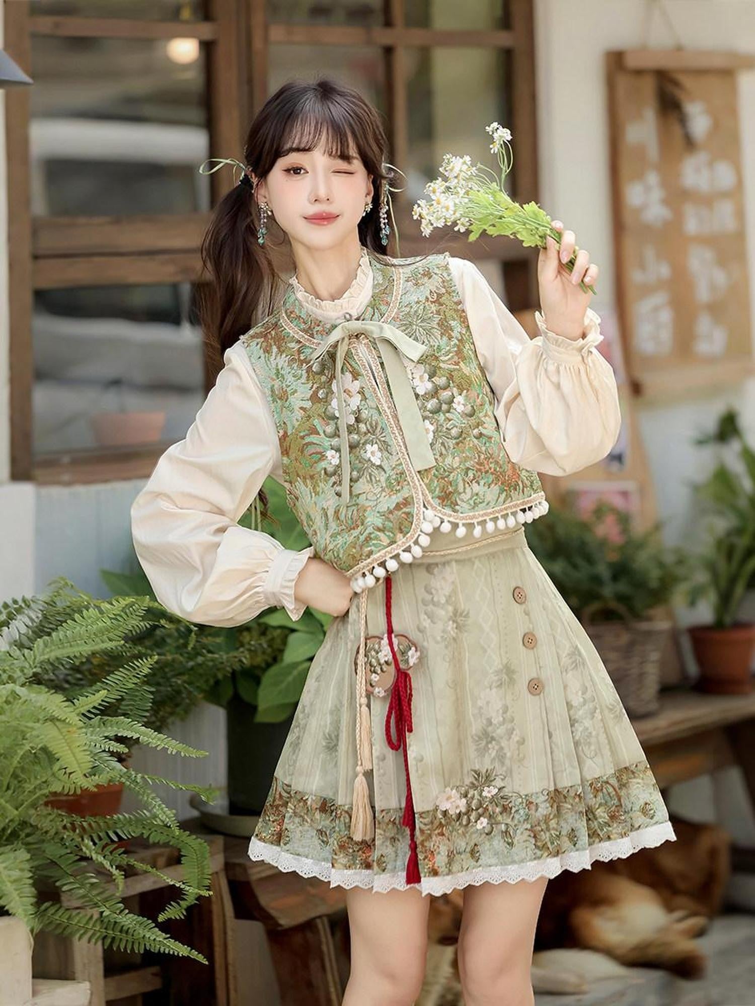 Sweet Promise Han Element Lolita Ethnic New Chinese Stand Collar A Line Women's Skirt Sets