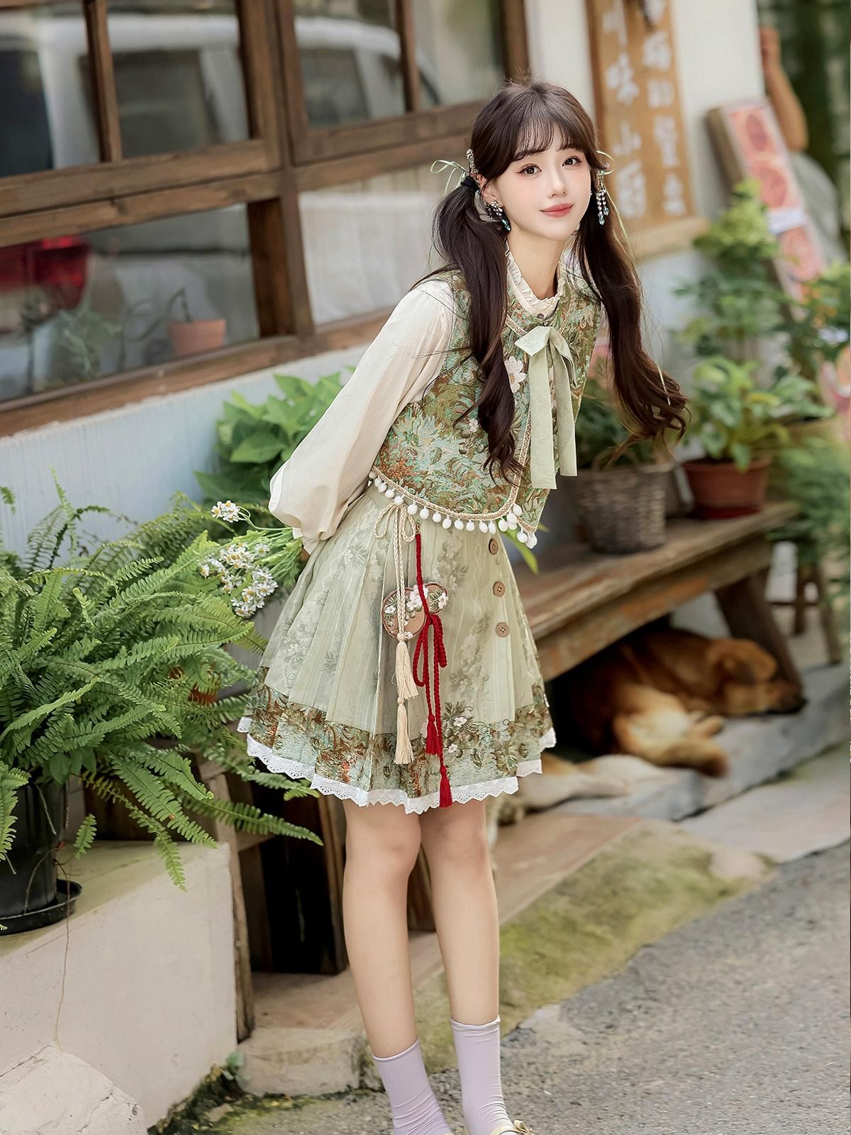 Sweet Promise Han Element Lolita Ethnic New Chinese Stand Collar A Line Women's Skirt Sets