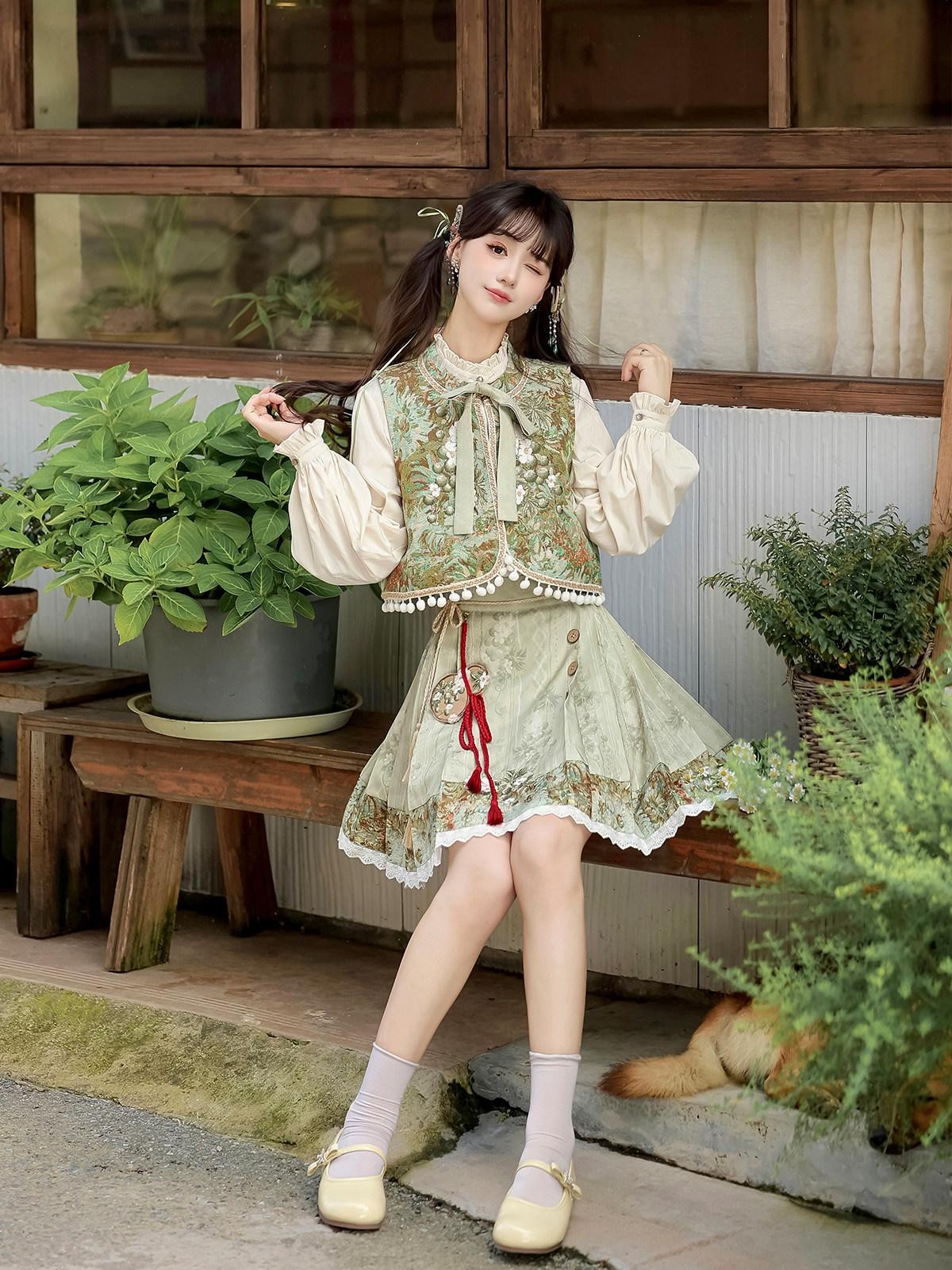 Sweet Promise Han Element Lolita Ethnic New Chinese Stand Collar A Line Women's Skirt Sets