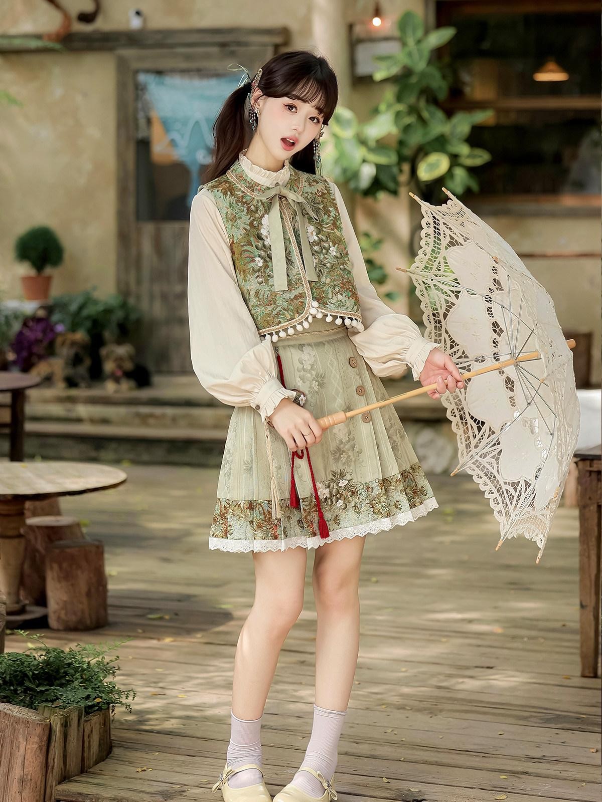 Sweet Promise Han Element Lolita Ethnic New Chinese Stand Collar A Line Women's Skirt Sets