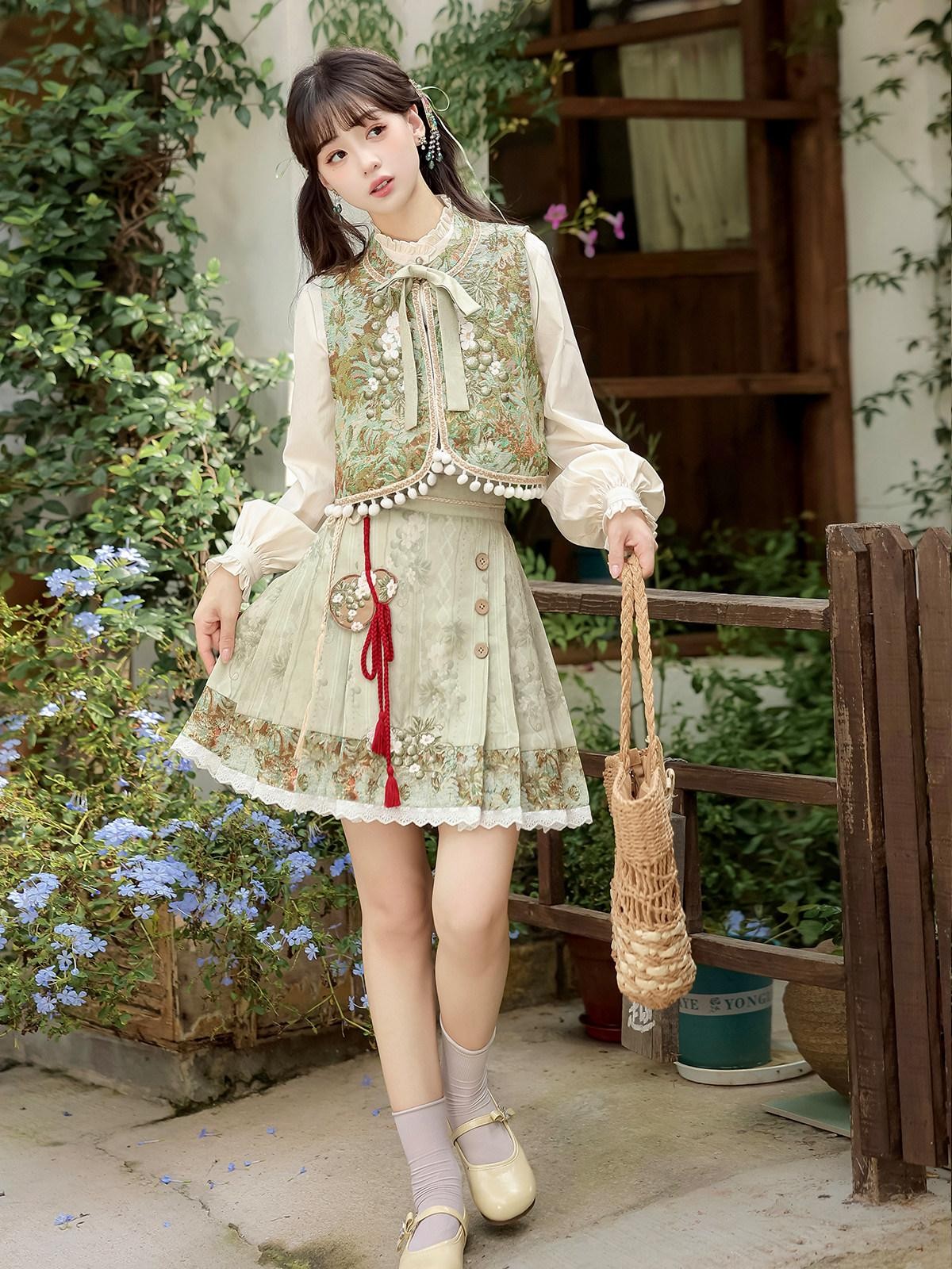 Sweet Promise Han Element Lolita Ethnic New Chinese Stand Collar A Line Women's Skirt Sets