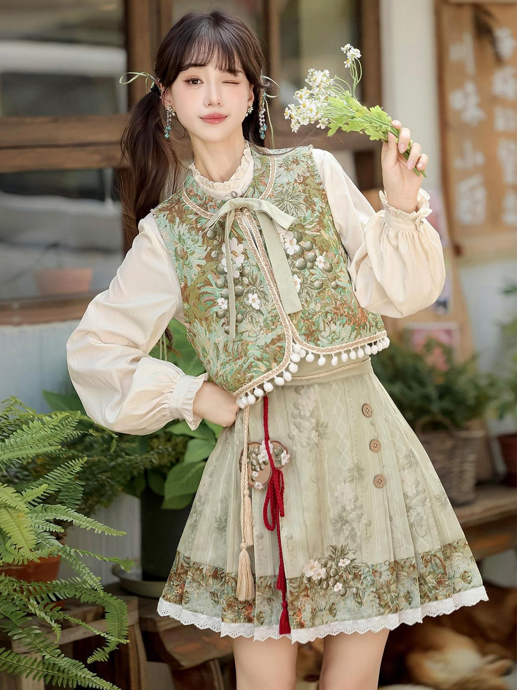 Sweet Promise Han Element Lolita Ethnic New Chinese Stand Collar A Line Women's Skirt Sets