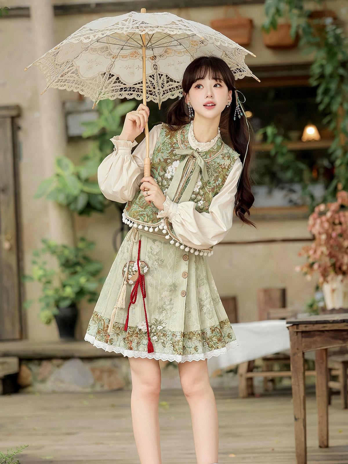 Sweet Promise Han Element Lolita Ethnic New Chinese Stand Collar A Line Women's Skirt Sets