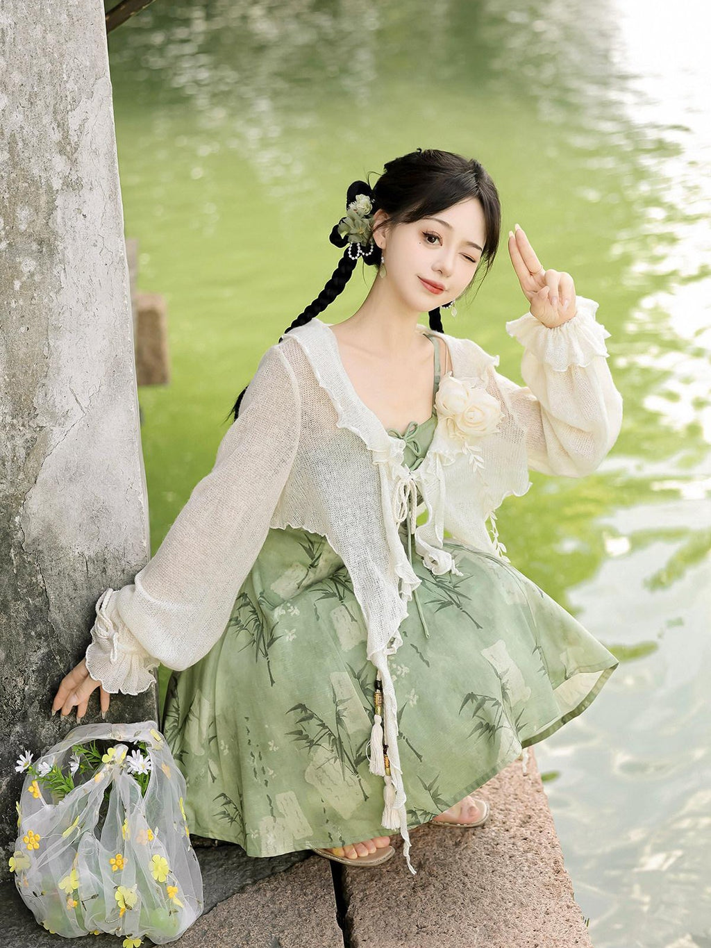 Sweet Promise Han Elements Two Piece V-neck A Line Waist Women's Polyester Jsk / Jumper Skirts