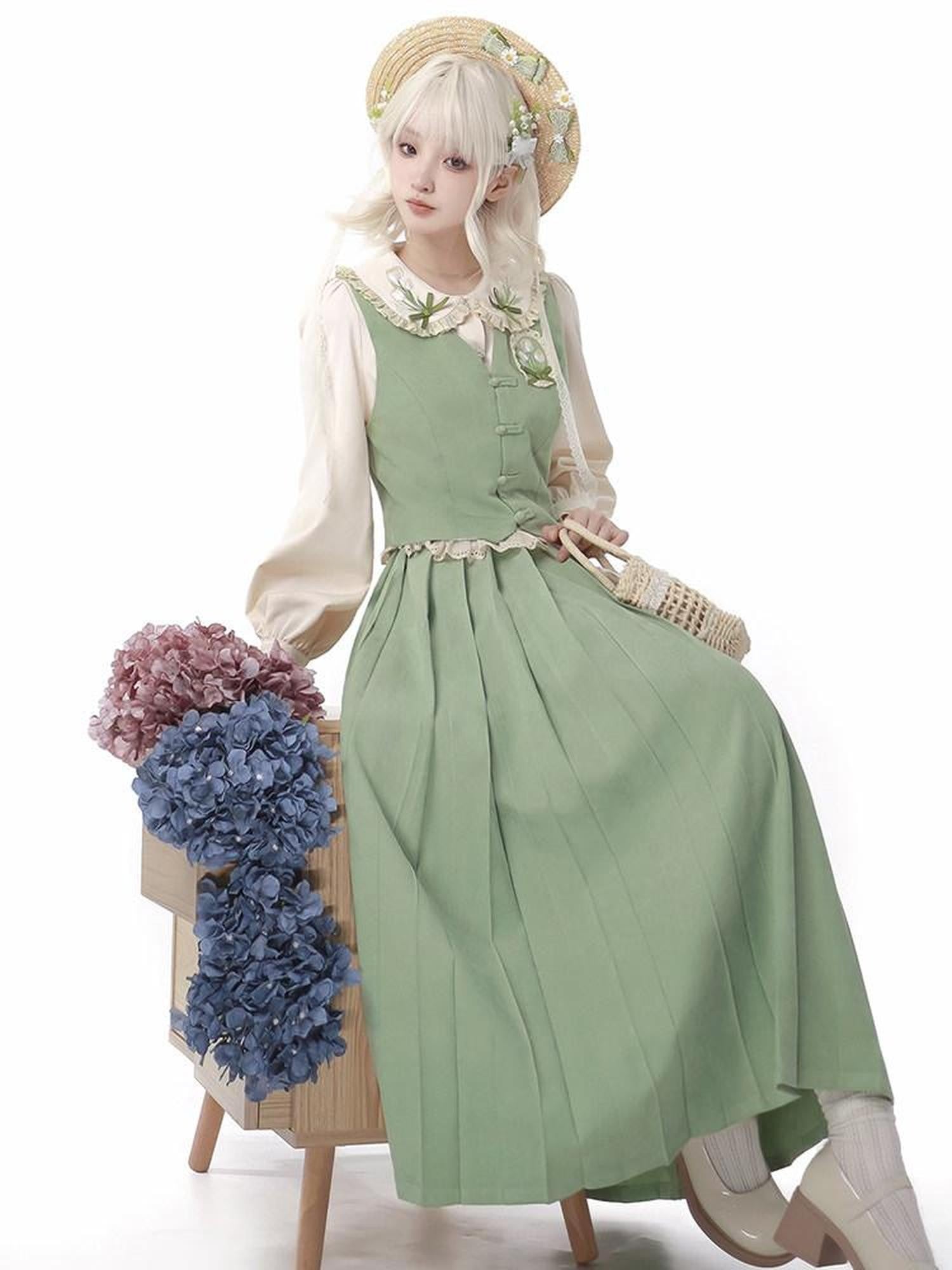 Sweet Promise Han Inspired Lolita Doll Collar Pleated Skirt Women's Polyester Long Sleeve Op
