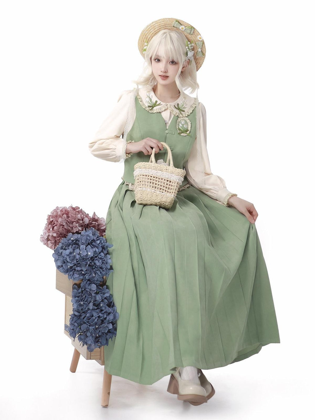 Sweet Promise Han Inspired Lolita Doll Collar Pleated Skirt Women's Polyester Long Sleeve Op
