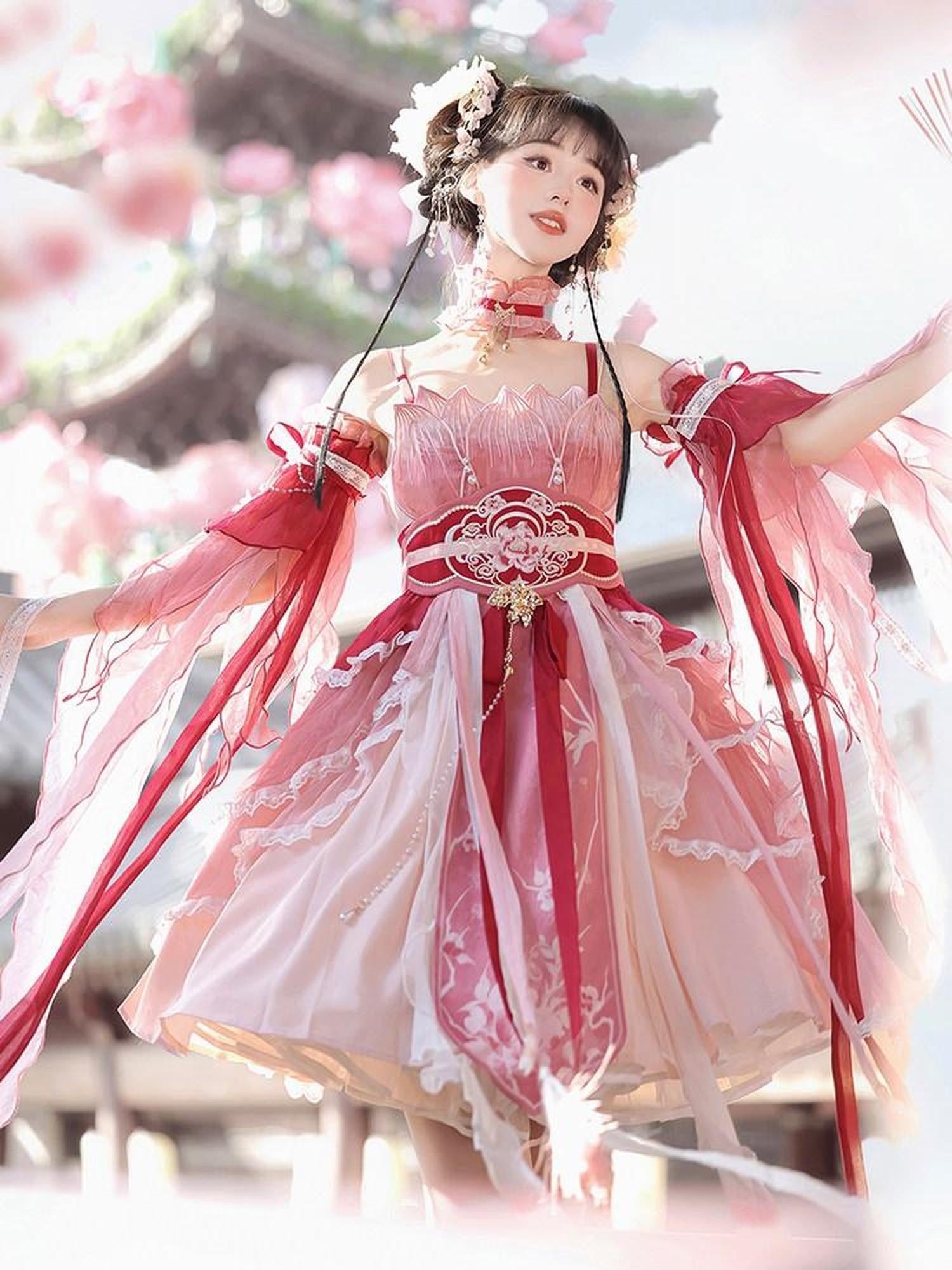 Sweet Promise Han Lolita Strappy Dress Feather Sleeves Waist Women's Jsk / Jumper Skirts