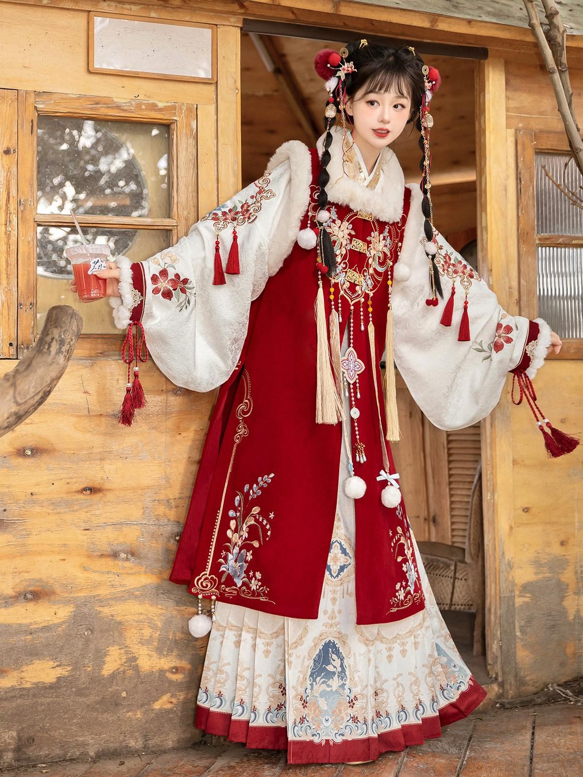 Sweet Promise Hanfu Armor Vest Cross Collar Horse Face Skirt Women's Polyester Skirt Sets